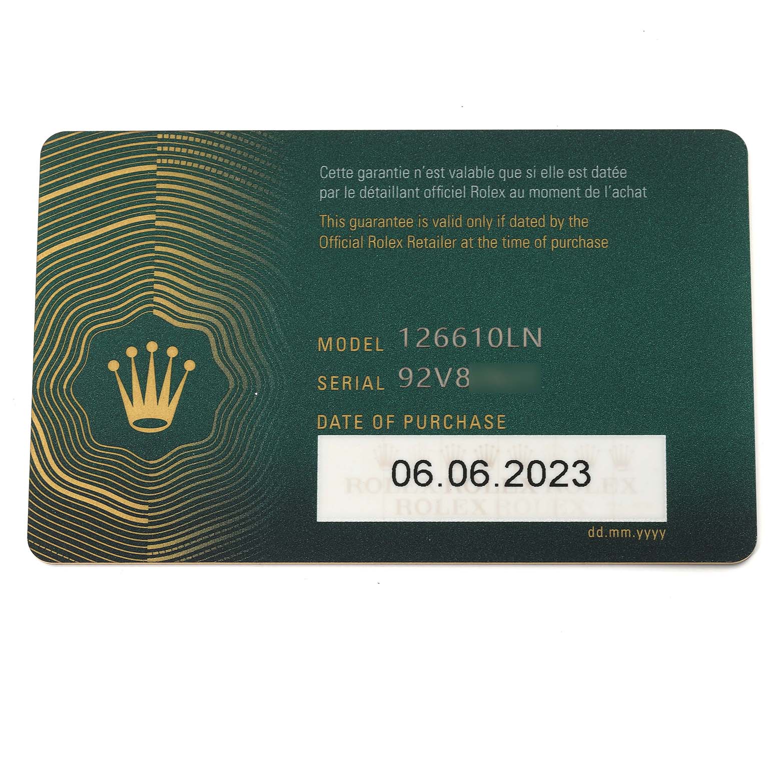 This image shows a warranty card for a Rolex Submariner 126610 Men
s Stainless Steel Black Dial 126610 Men
s Stainless Steel Black Dial model 126610LN, with purchase details and the Rolex logo.