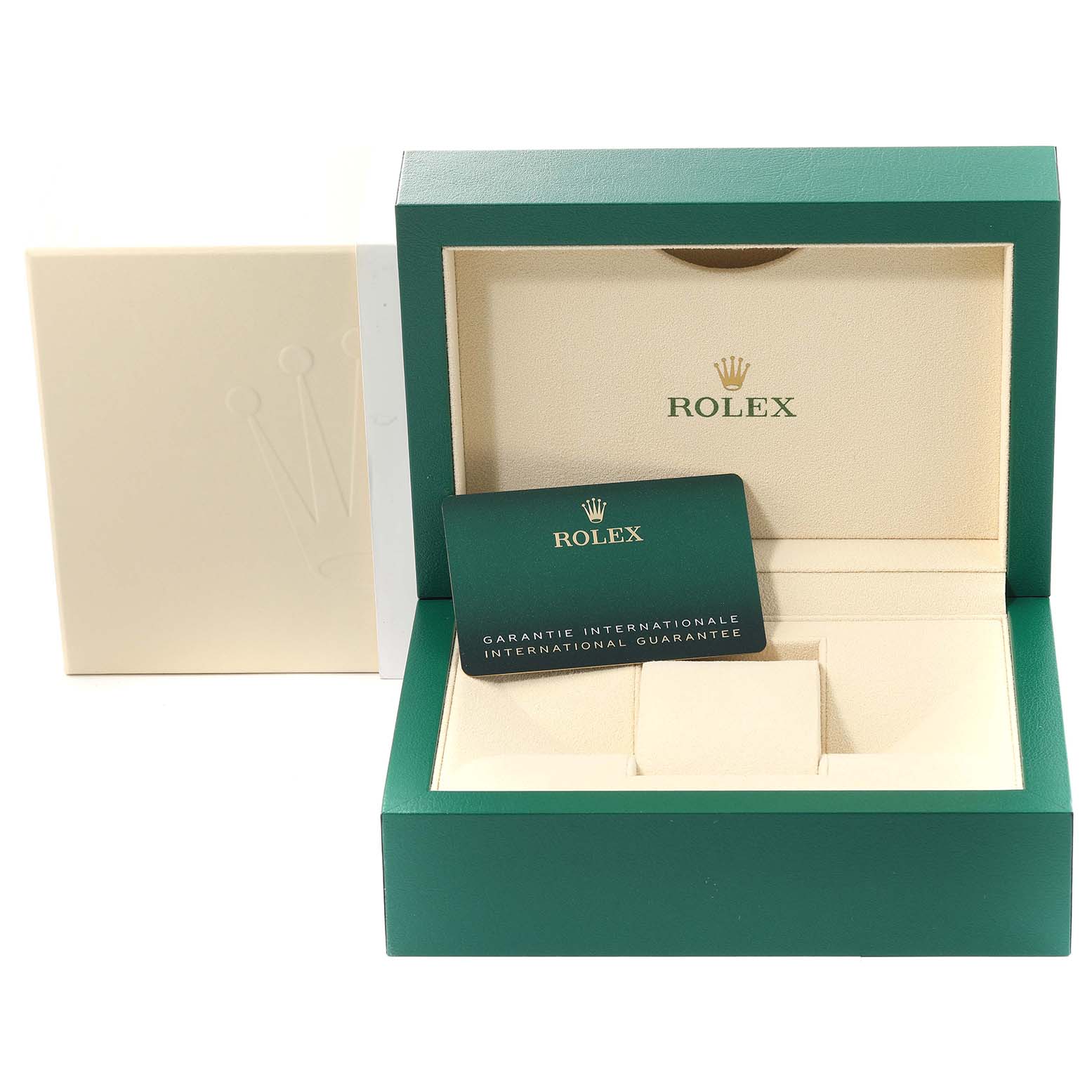 This image shows an open green Rolex Submariner 126610 Men
s Stainless Steel Black Dial 126610 Men
s Stainless Steel Black Dial watch box with the warranty card displayed inside.
