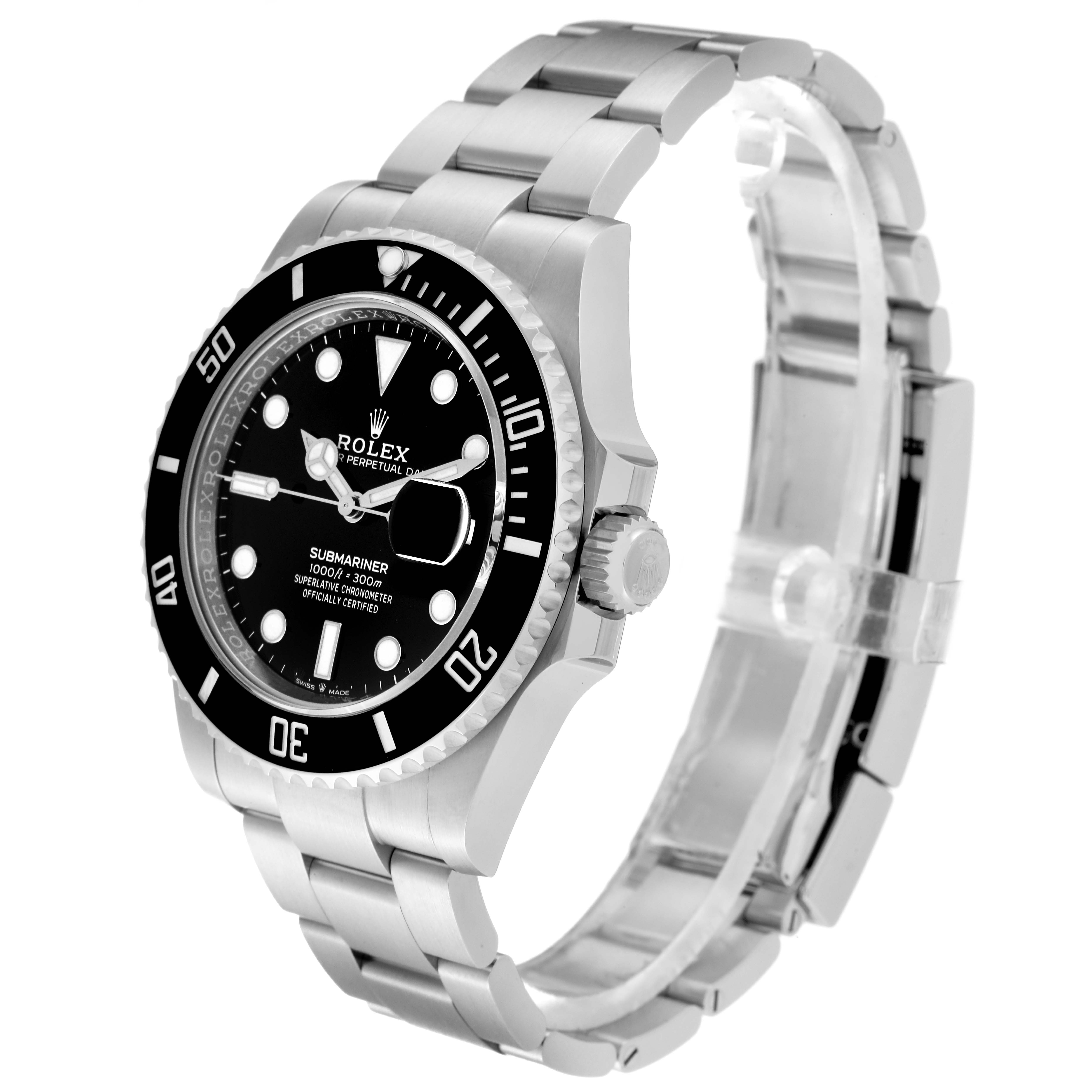 The image shows a Rolex Submariner 126610 Men
s Stainless Steel Black Dial 126610 Men
s Stainless Steel Black Dial watch at a side angle, highlighting the face, bezel, crown, and bracelet.