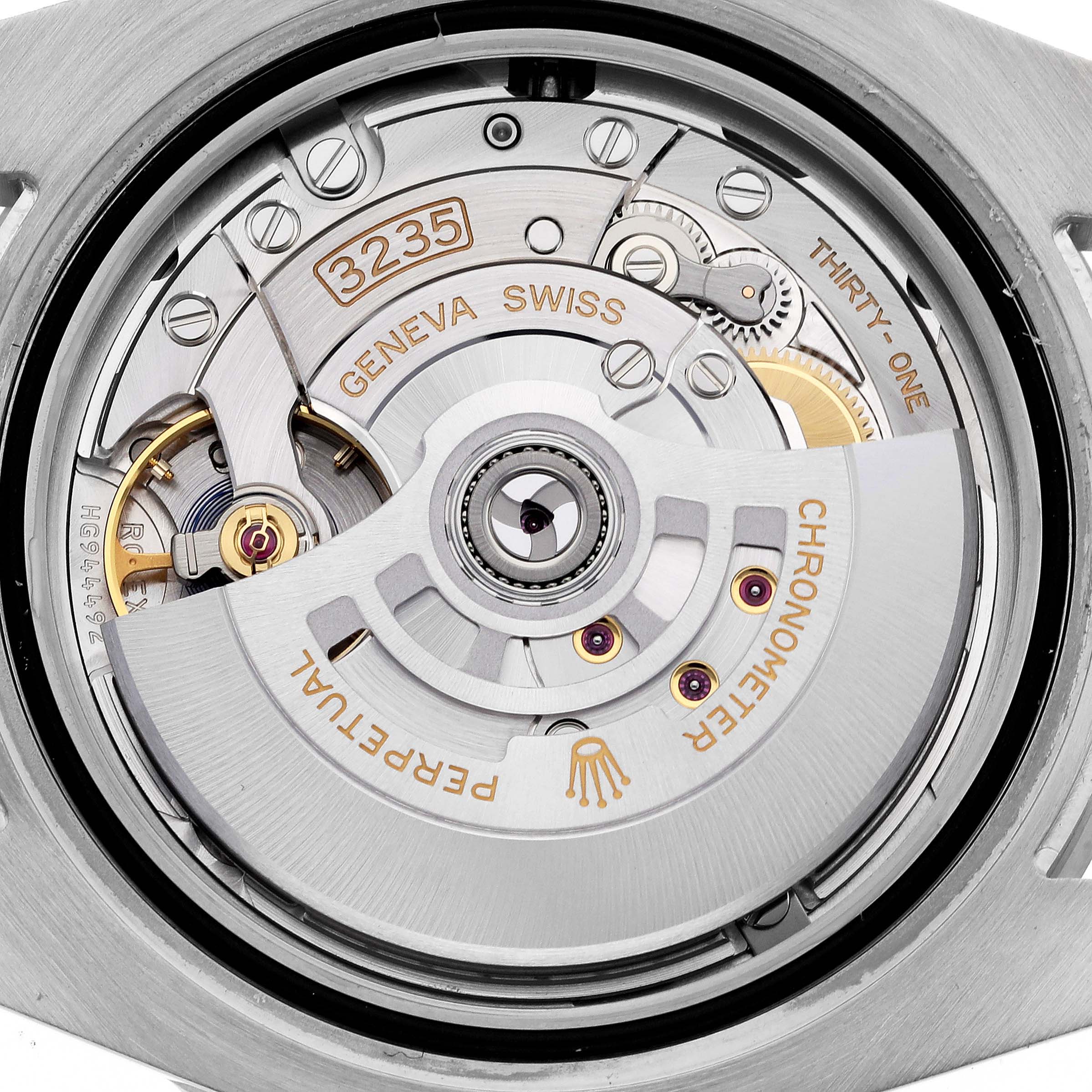 This image shows the movement mechanism of a Rolex Submariner 126610 Men
s Stainless Steel Black Dial 126610 Men
s Stainless Steel Black Dial model viewed from the back, highlighting details like "Perpetual" and "3235."