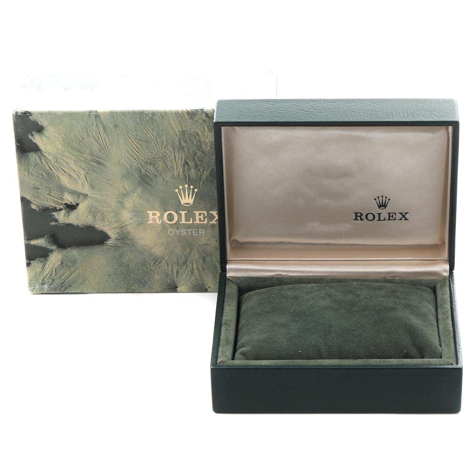 The image shows the Rolex Submariner 168000 Men
s Stainless Steel Black Dial 168000 Men
s Stainless Steel Black Dial watch box and outer packaging from a frontal angle.