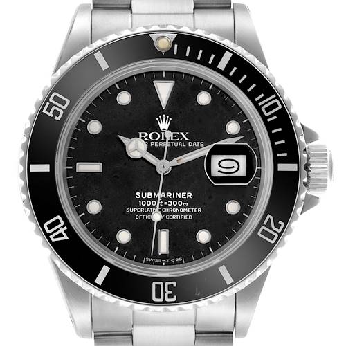 The Rolex Submariner is shown from a front angle, displaying the face, bezel, and part of the bracelet.