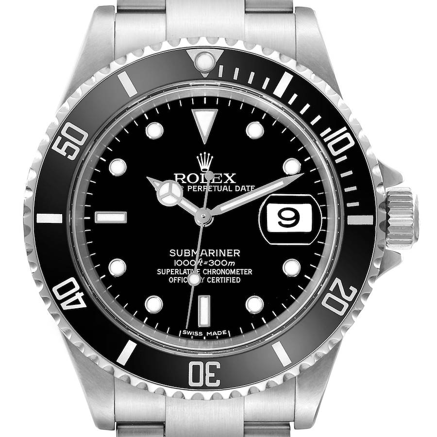 This Rolex Submariner watch is shown from a frontal angle, displaying the bezel, dial, hands, date window, and bracelet top.