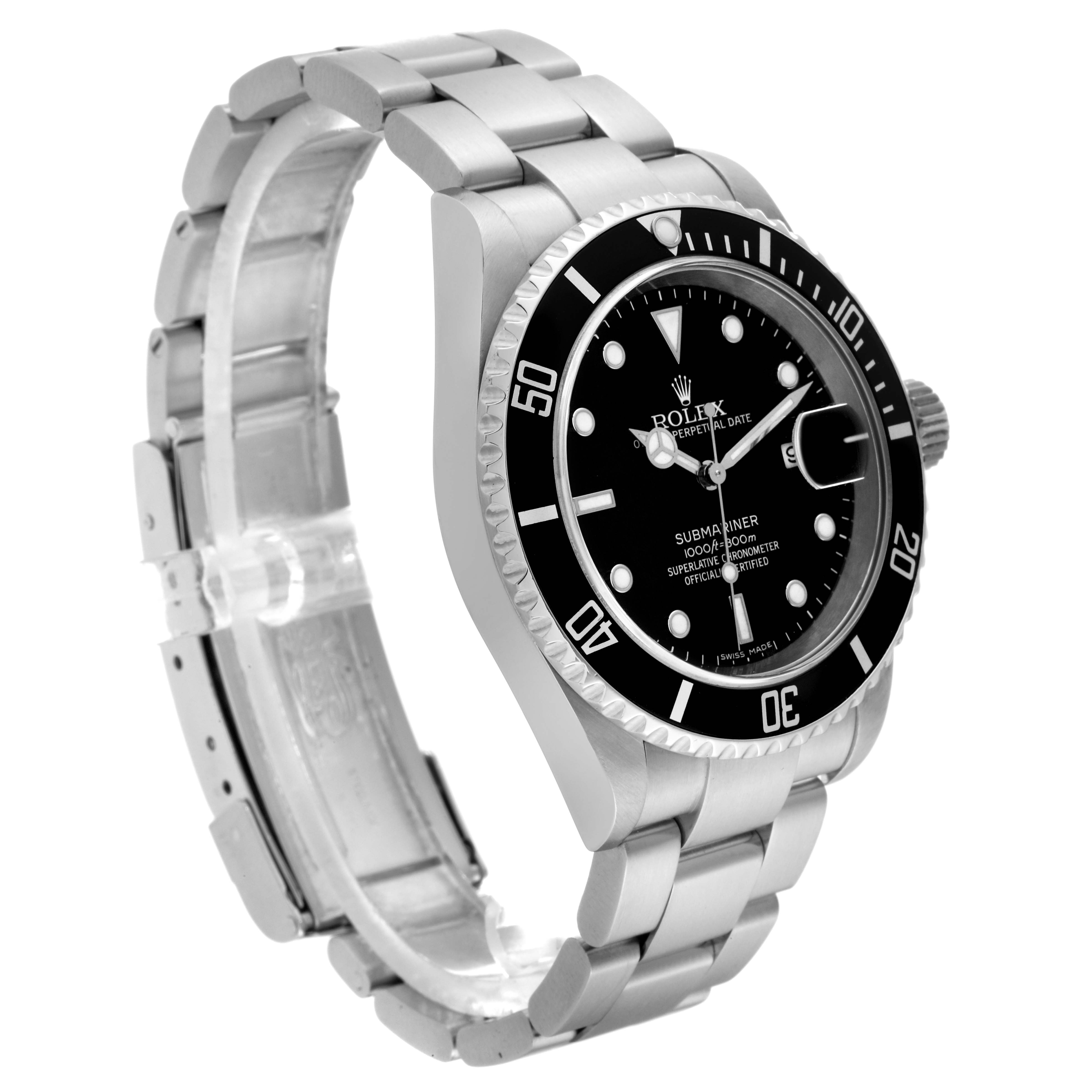 The Rolex Submariner 16610 Men's Stainless Steel Black Dial 16610 Men's Stainless Steel Black Dial is shown at a three-quarter angle, displaying the face, bezel, crown, and bracelet.