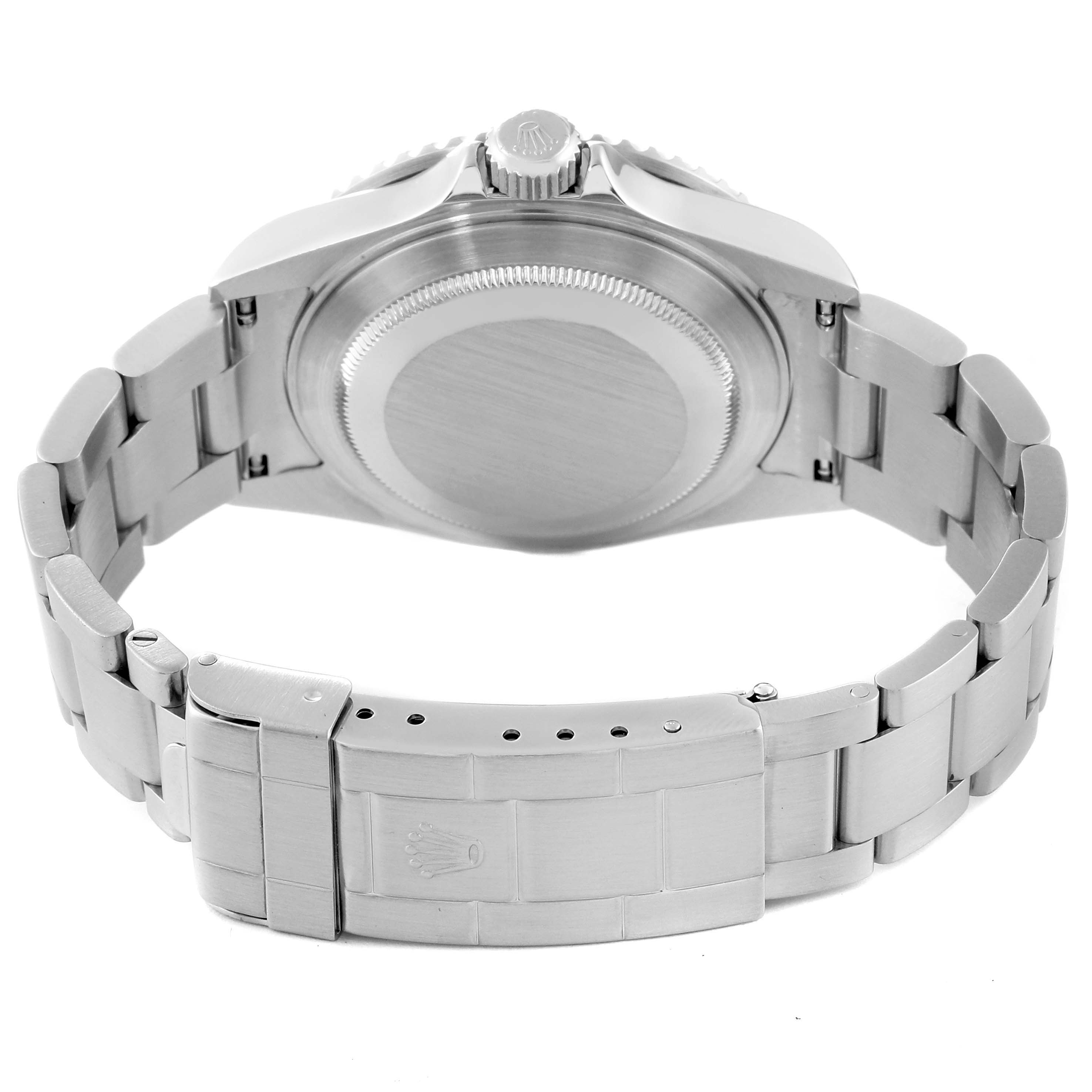 The image shows a Rolex Submariner 16610 Men's Stainless Steel Black Dial 16610 Men's Stainless Steel Black Dial watch from the back, highlighting the case back, bracelet, and clasp.