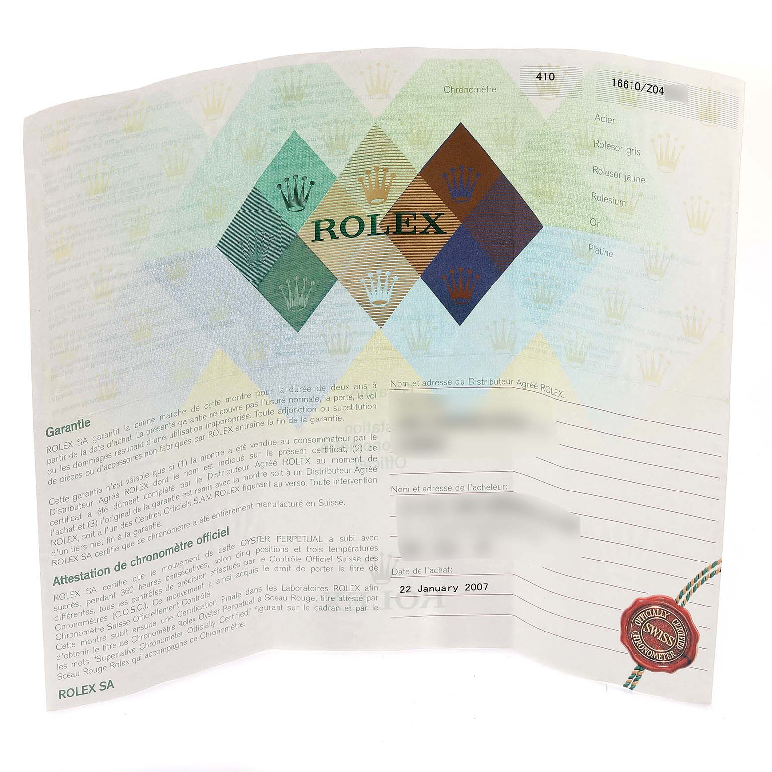 This image shows a warranty certificate for the Rolex Submariner 16610 Men's Stainless Steel Black Dial 16610 Men's Stainless Steel Black Dial watch model.