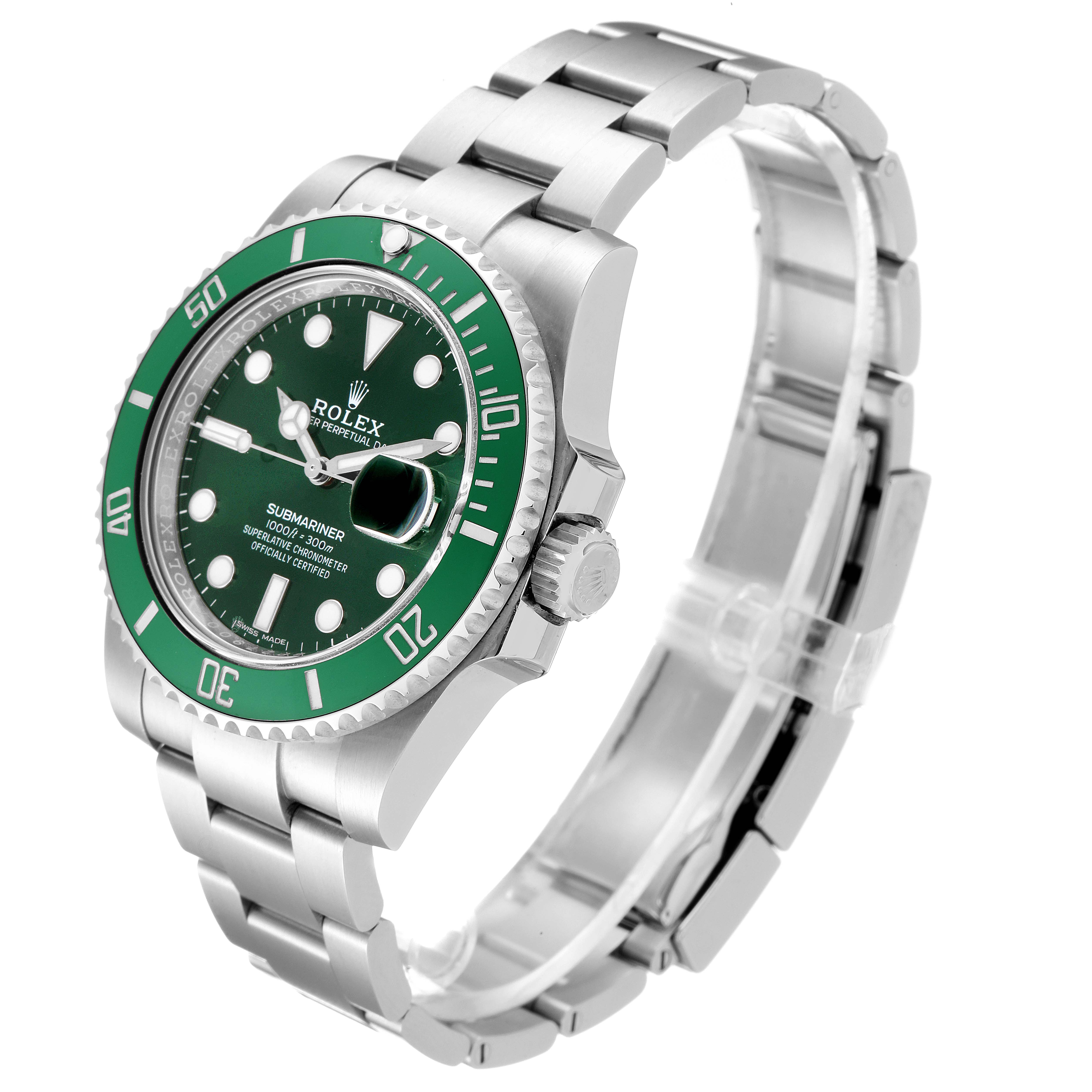 The image shows a Rolex Submariner 116610LV Men
s Stainless Steel Green Dial 116610LV Men
s Stainless Steel Green Dial watch at an angle highlighting the face, bezel, crown, and bracelet.