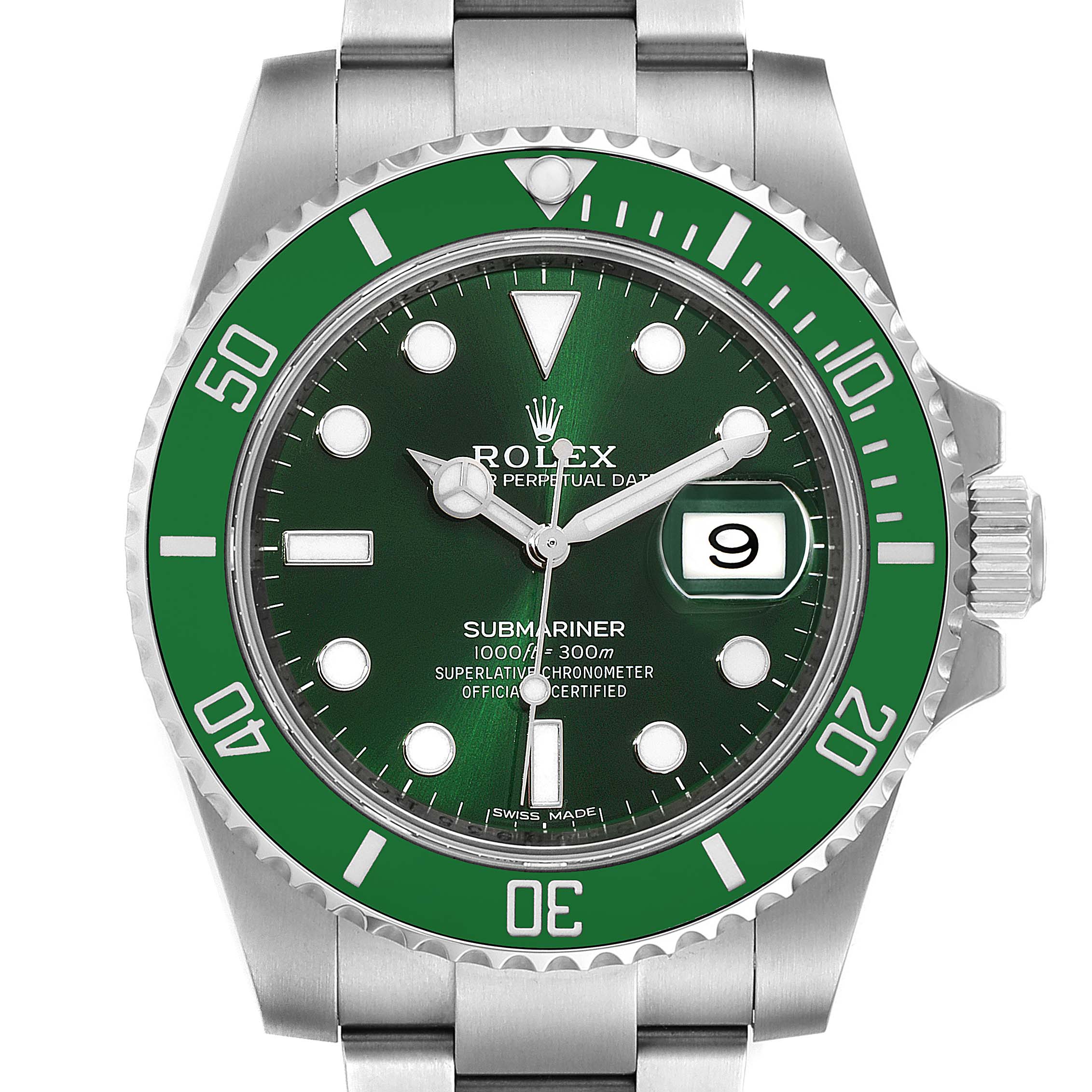 The image shows a front view of a Rolex Submariner 116610LV Men
s Stainless Steel Green Dial 116610LV Men
s Stainless Steel Green Dial watch, displaying the dial, bezel, and bracelet.