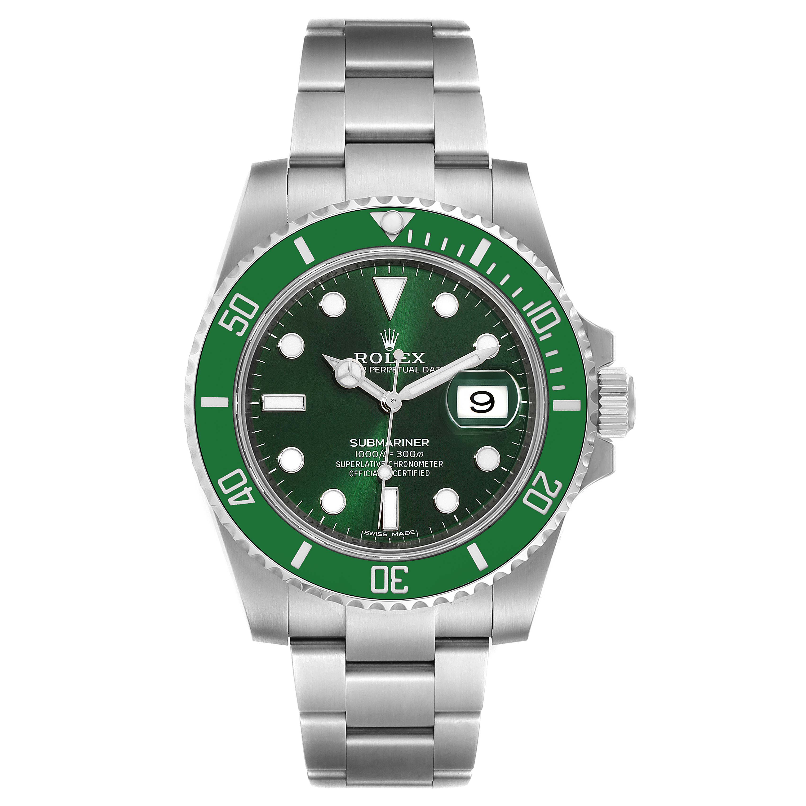 The image shows a front view of the Rolex Submariner 116610LV Men
s Stainless Steel Green Dial 116610LV Men
s Stainless Steel Green Dial watch, featuring its green bezel, dial, and date display.