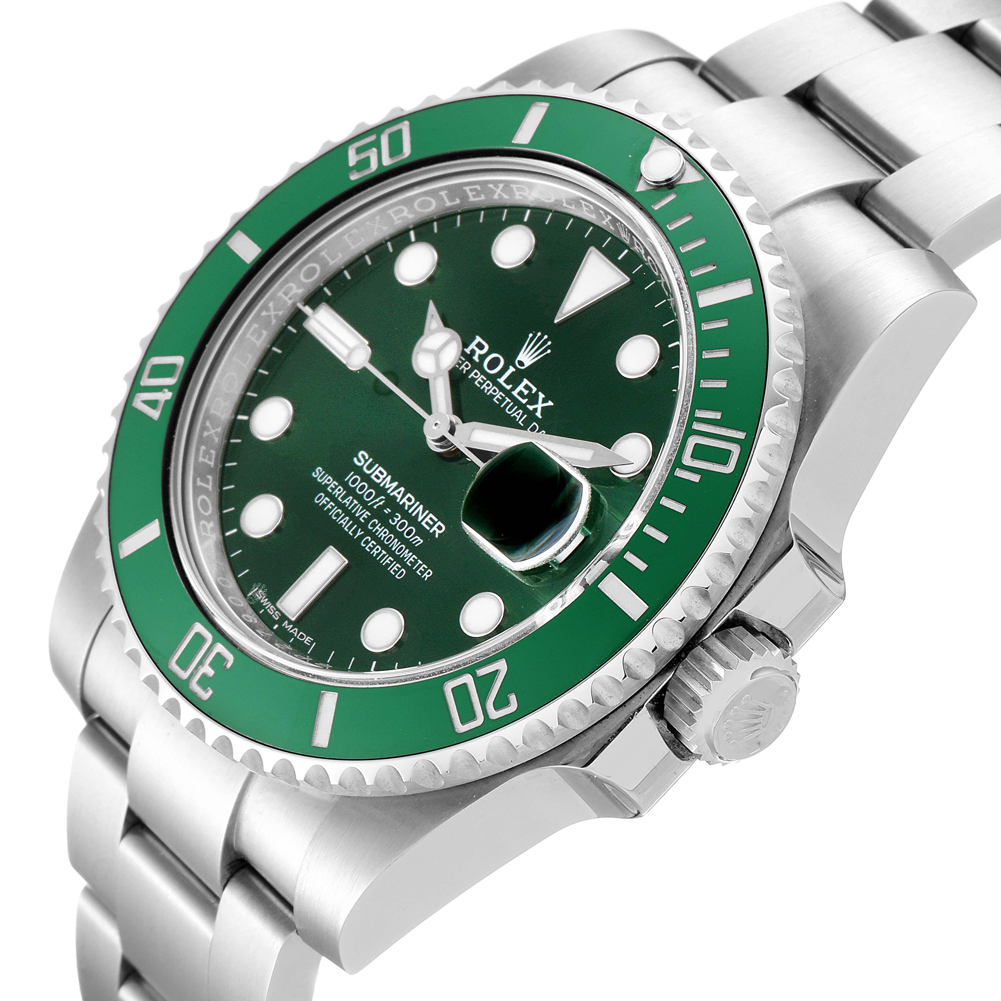 The image shows a close-up angle of a Rolex Submariner 116610LV Men
s Stainless Steel Green Dial 116610LV Men
s Stainless Steel Green Dial, highlighting the green bezel, crown, and part of the bracelet.