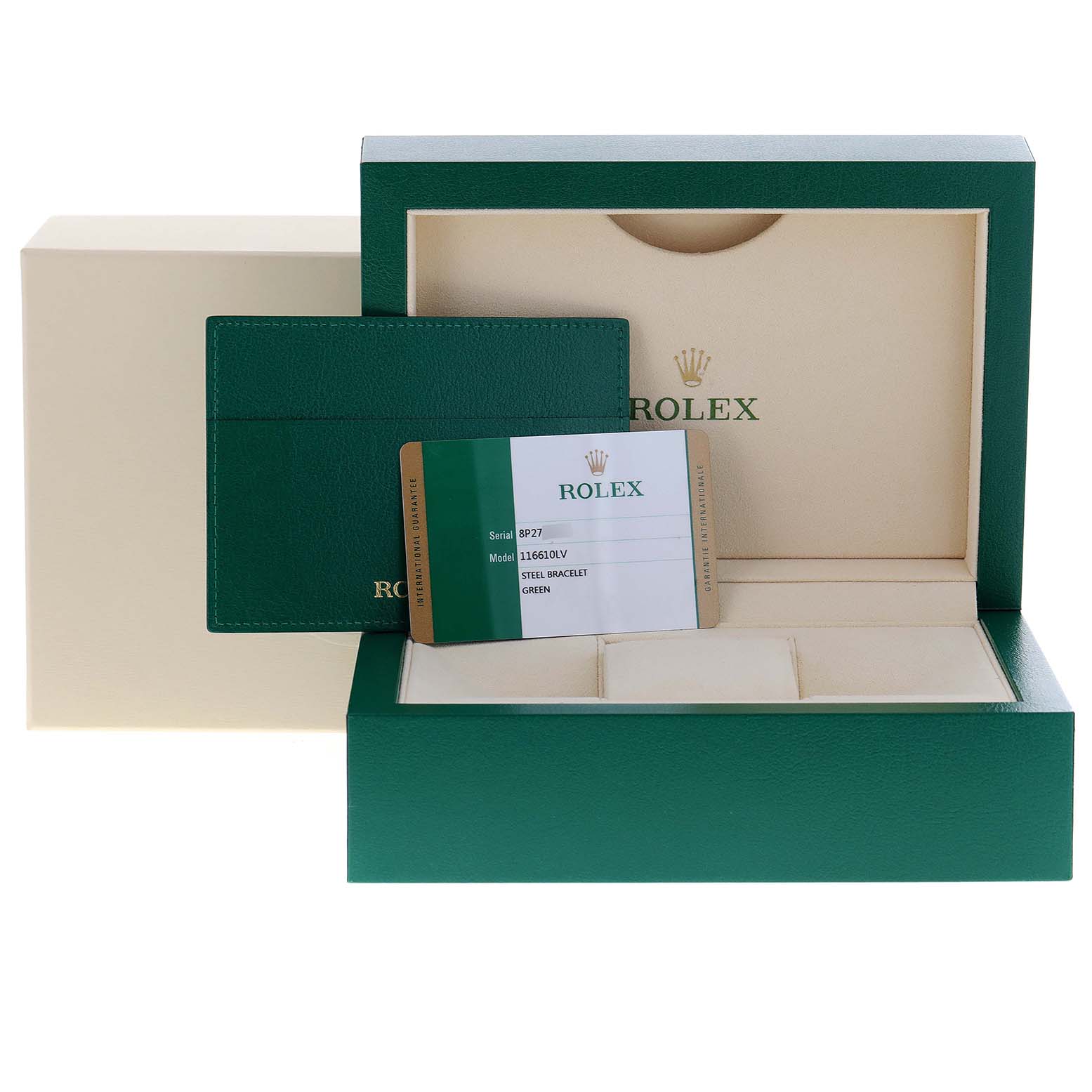 The image shows the box and warranty card for a Rolex Submariner 116610LV Men
s Stainless Steel Green Dial 116610LV Men
s Stainless Steel Green Dial watch, highlighting the packaging and documentation.