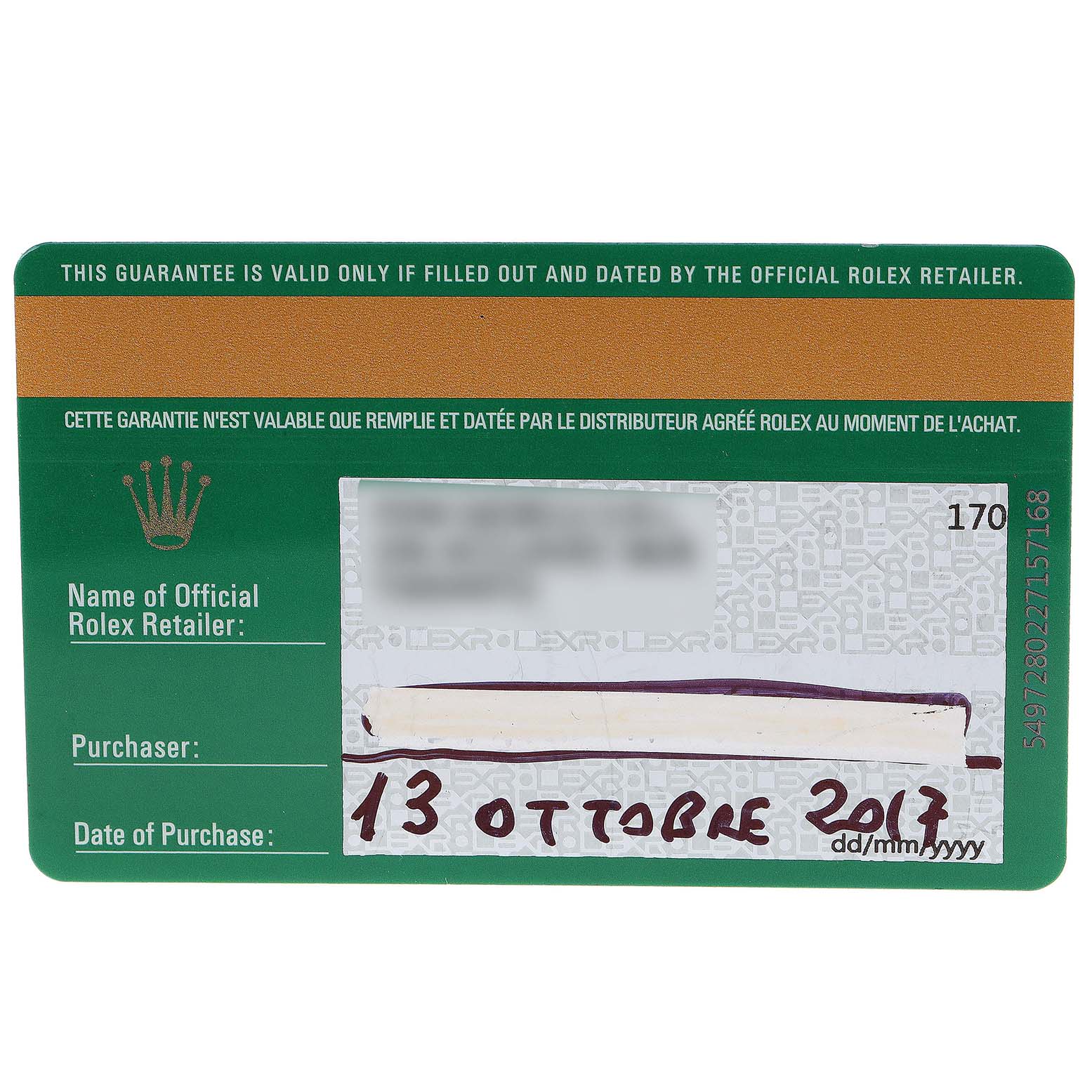 The image shows the warranty card for a Rolex Submariner 116610LV Men
s Stainless Steel Green Dial 116610LV Men
s Stainless Steel Green Dial watch, displaying purchase and retailer details.