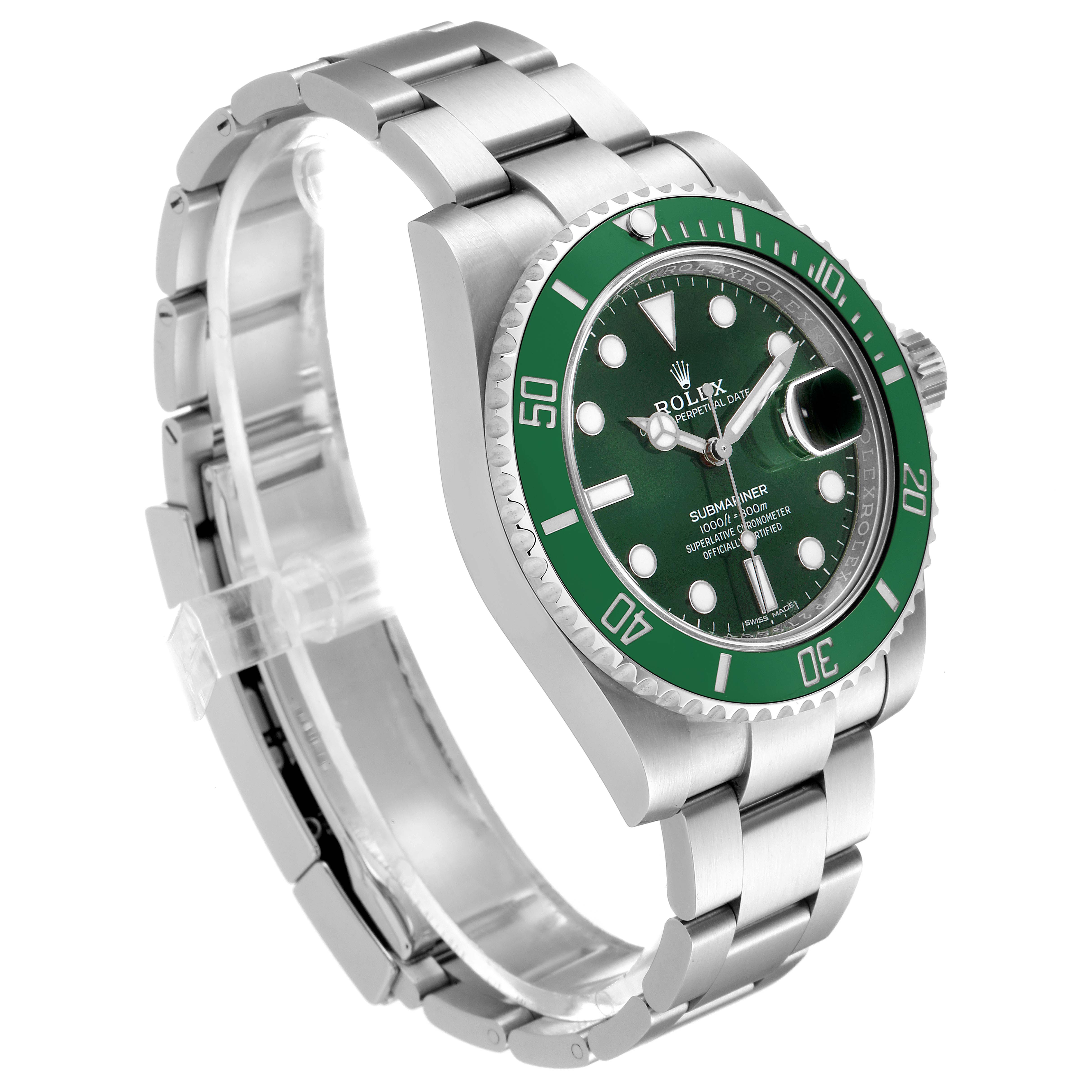 The Rolex Submariner 116610LV Men
s Stainless Steel Green Dial 116610LV Men
s Stainless Steel Green Dial watch is shown from a three-quarter angle, displaying its green bezel, dial, and stainless steel bracelet.