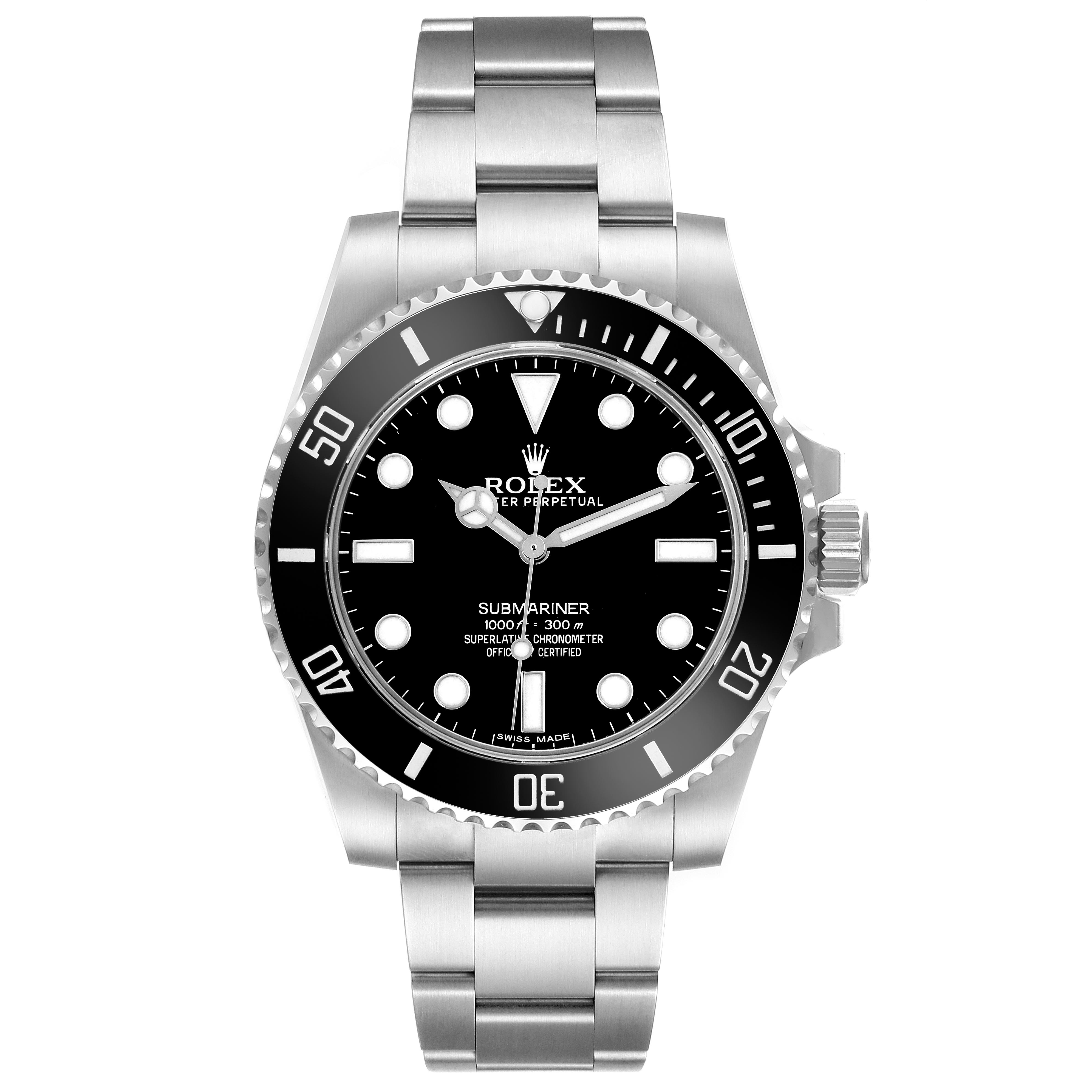The Rolex Submariner 114060 Men's Stainless Steel Black Dial 114060 Men's Stainless Steel Black Dial watch is shown from a front angle, highlighting the dial, bezel, and bracelet.