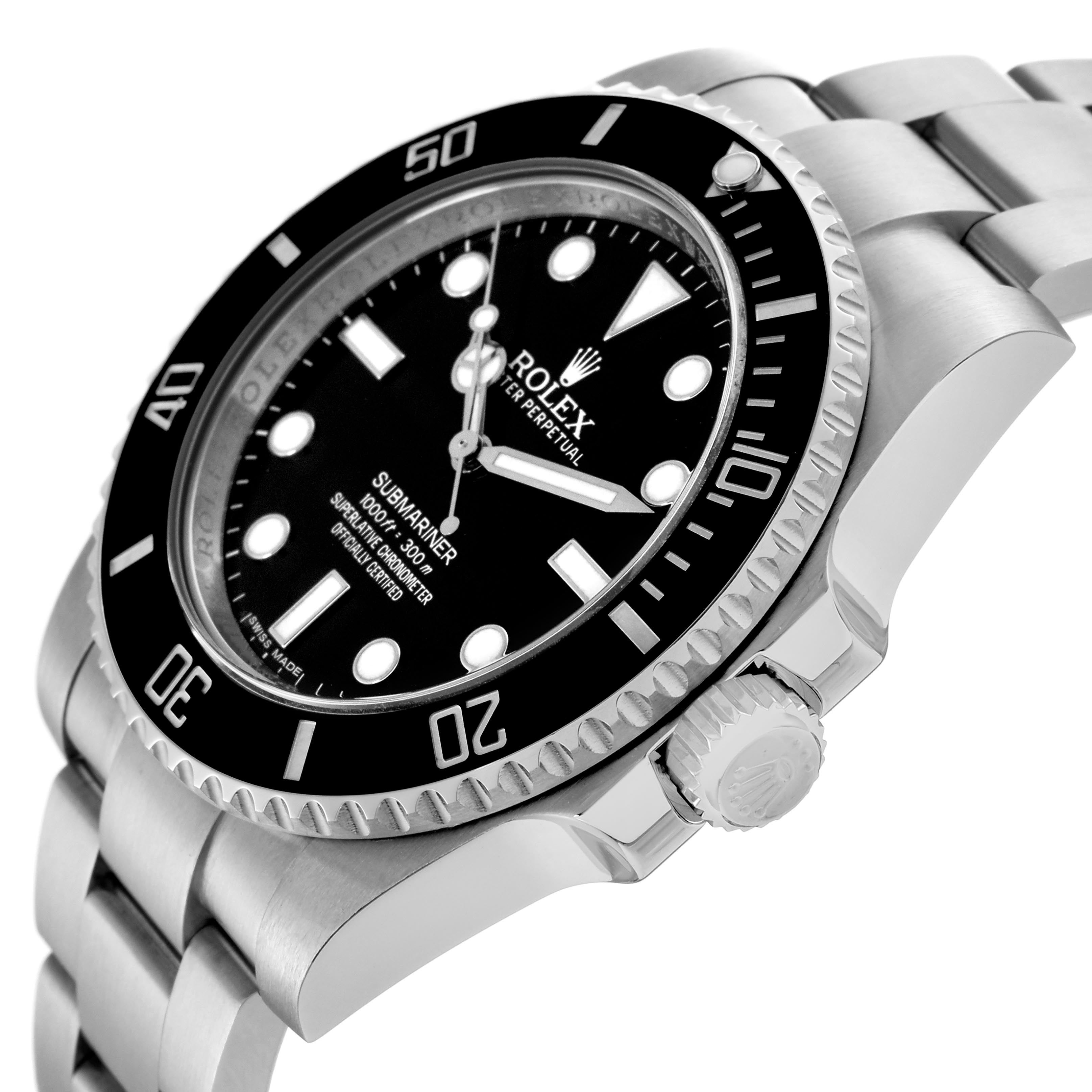 The Rolex Submariner 114060 Men's Stainless Steel Black Dial 114060 Men's Stainless Steel Black Dial watch is shown from a side angle highlighting the bezel, dial, crown, and part of the bracelet.