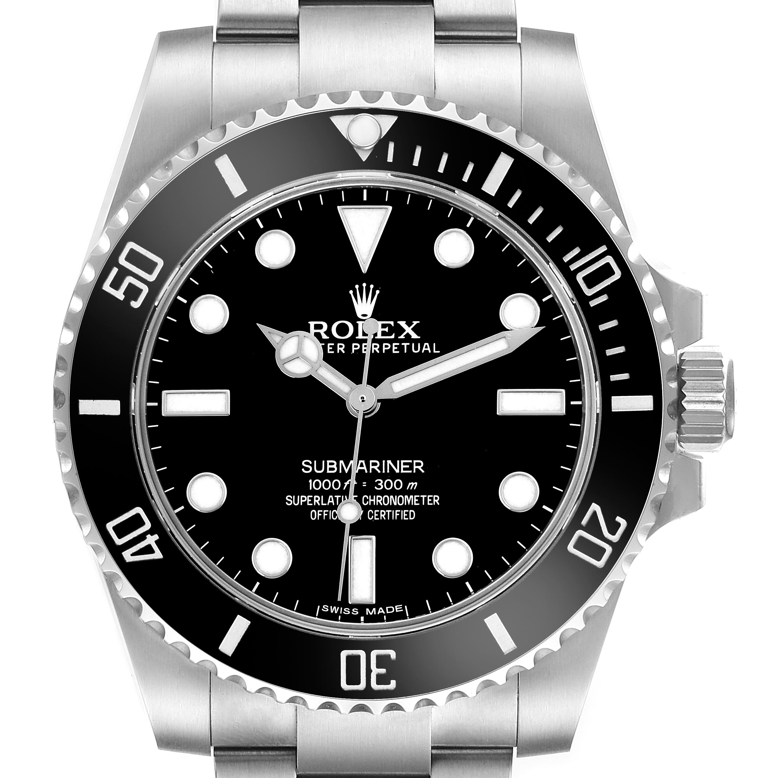 The Rolex Submariner 114060 Men's Stainless Steel Black Dial 114060 Men's Stainless Steel Black Dial watch is shown from a front angle, displaying its dial, bezel, and part of the bracelet.