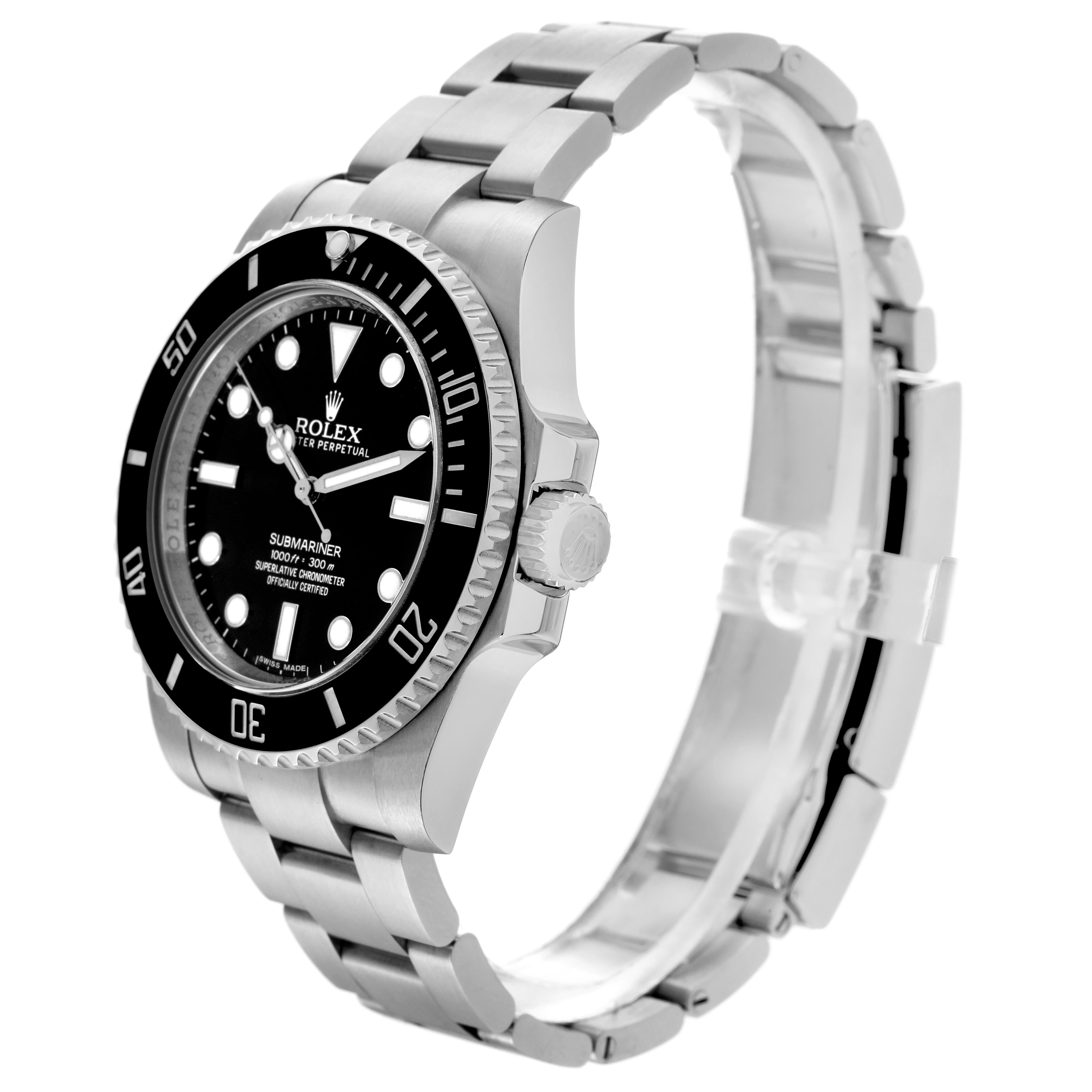 The Rolex Submariner 114060 Men's Stainless Steel Black Dial 114060 Men's Stainless Steel Black Dial watch is shown at an angled side view highlighting the bezel, dial, crown, and bracelet.