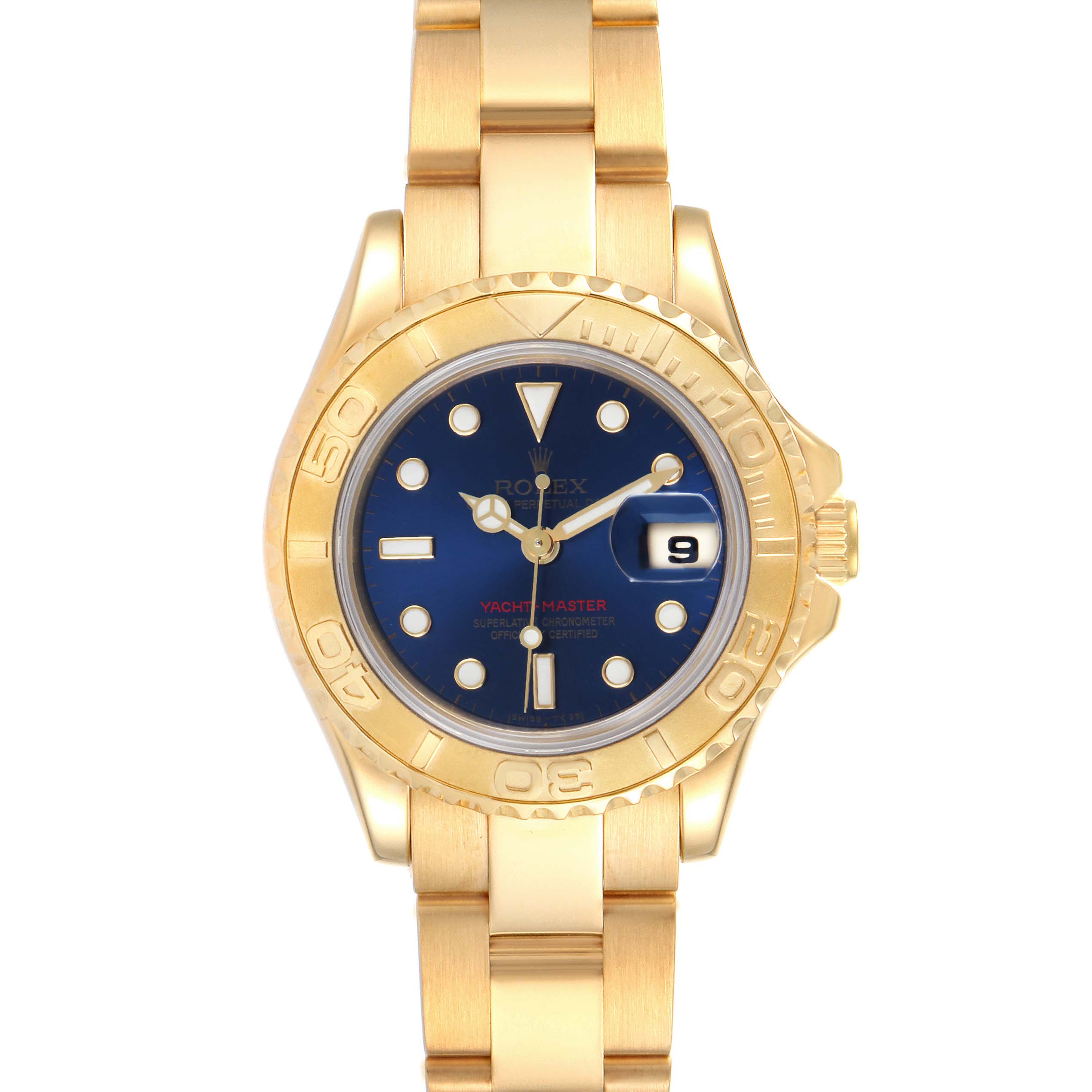 This image shows a Rolex Yacht-Master 69628 Women's Yellow Gold Blue Dial 69628 Women's Yellow Gold Blue Dial watch from a front angle, highlighting its blue dial, gold bezel, and bracelet.