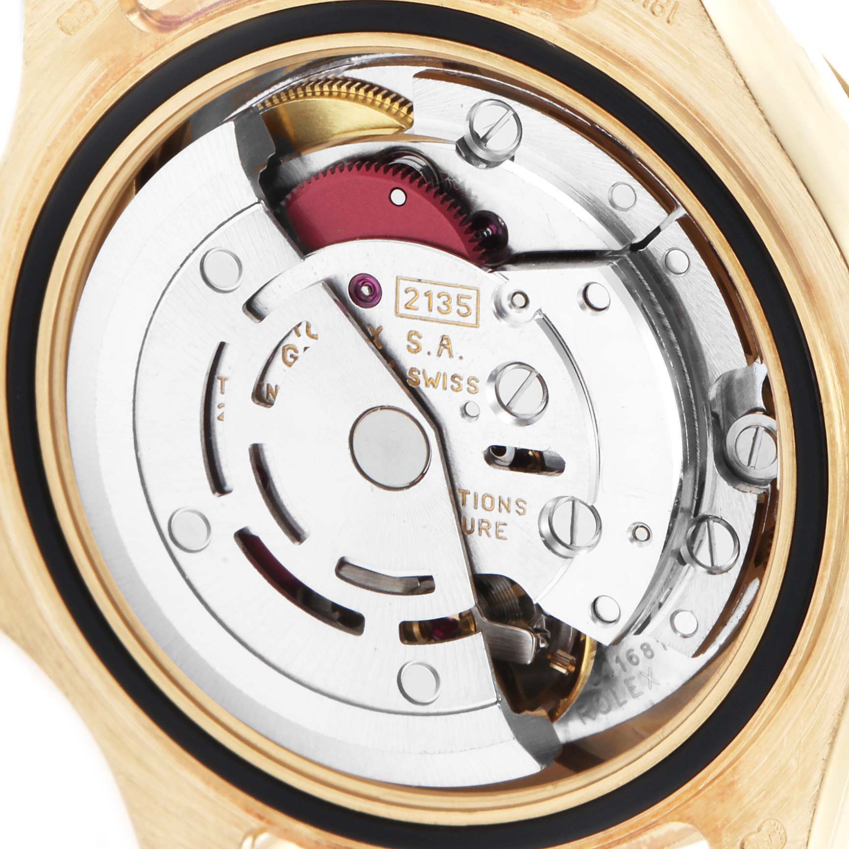 This image shows the back view of a Rolex Yacht-Master 69628 Women's Yellow Gold Blue Dial 69628 Women's Yellow Gold Blue Dial, revealing the intricate movement mechanism with model number 2135.