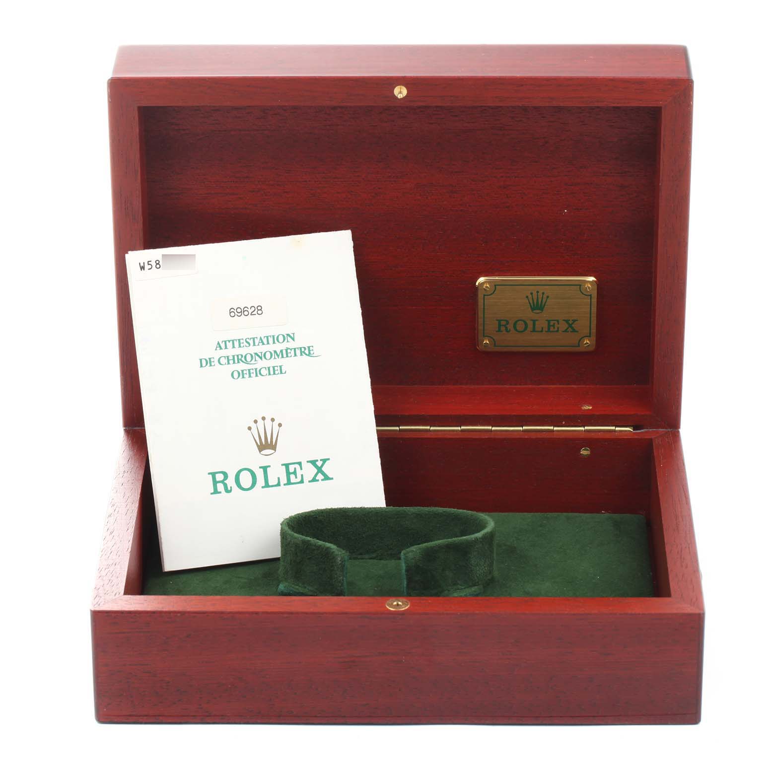 The image shows an open Rolex Yacht-Master 69628 Women's Yellow Gold Blue Dial 69628 Women's Yellow Gold Blue Dial watch box and its official chronometer certification document.