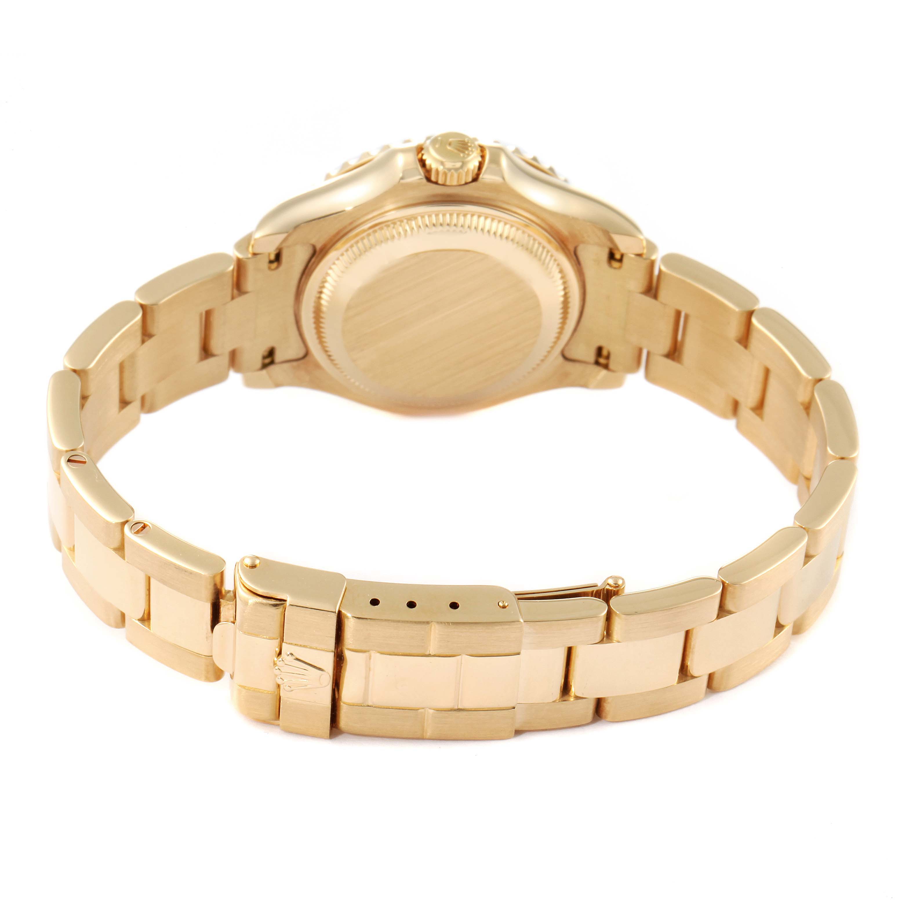 The image shows the back view of a Rolex Yacht-Master 69628 Women's Yellow Gold Blue Dial 69628 Women's Yellow Gold Blue Dial watch, focusing on the case, bracelet, and clasp.