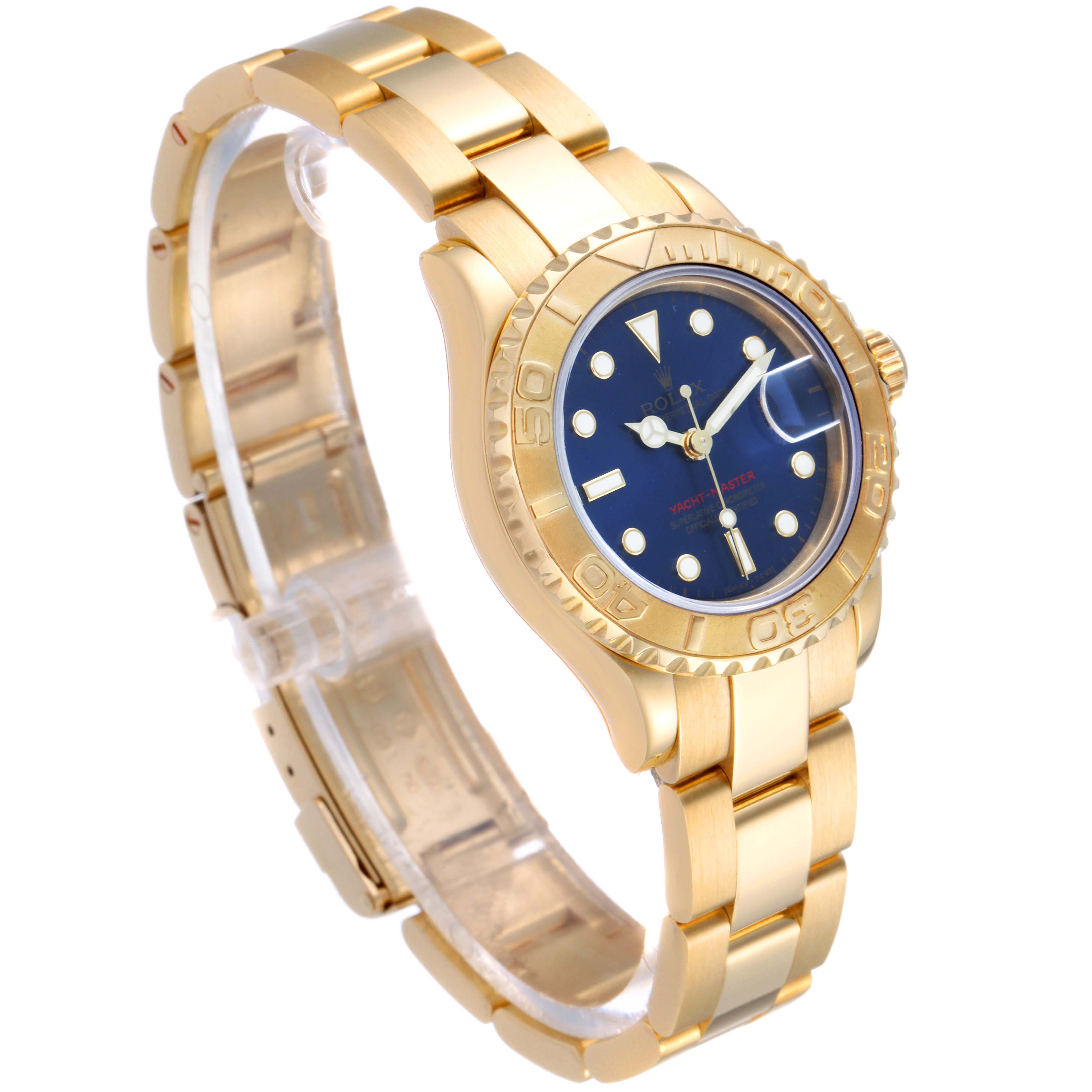 The Rolex Yacht-Master 69628 Women's Yellow Gold Blue Dial 69628 Women's Yellow Gold Blue Dial watch is shown at a 3/4 angle, displaying its gold band, blue dial, and bezel.
