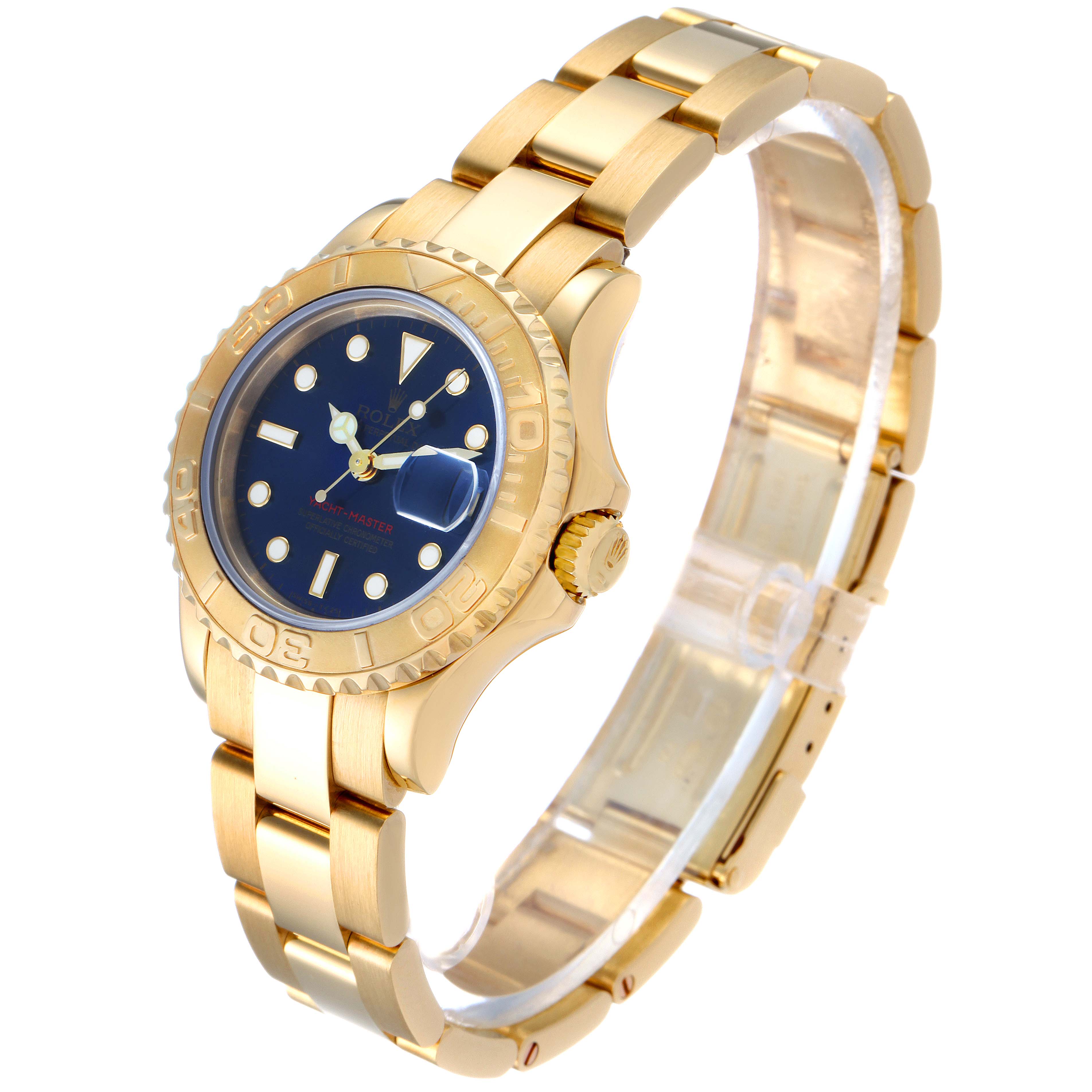 The image shows a side-angle view of a Rolex Yacht-Master 69628 Women's Yellow Gold Blue Dial 69628 Women's Yellow Gold Blue Dial watch, featuring a gold case, blue dial, bezel, and bracelet.