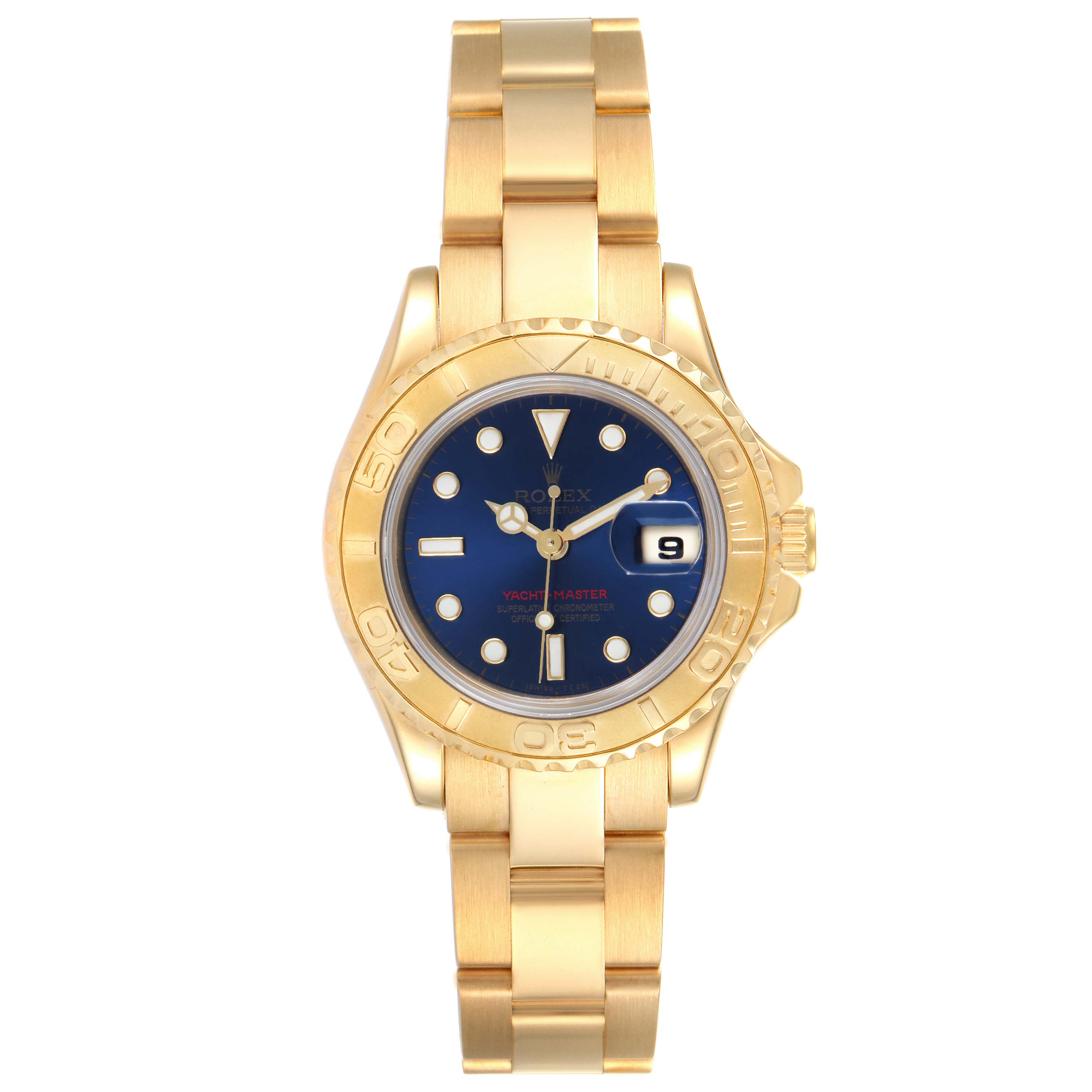 This image shows a Rolex Yacht-Master 69628 Women's Yellow Gold Blue Dial 69628 Women's Yellow Gold Blue Dial watch from a front angle, highlighting its gold bracelet, blue dial, and bezel.