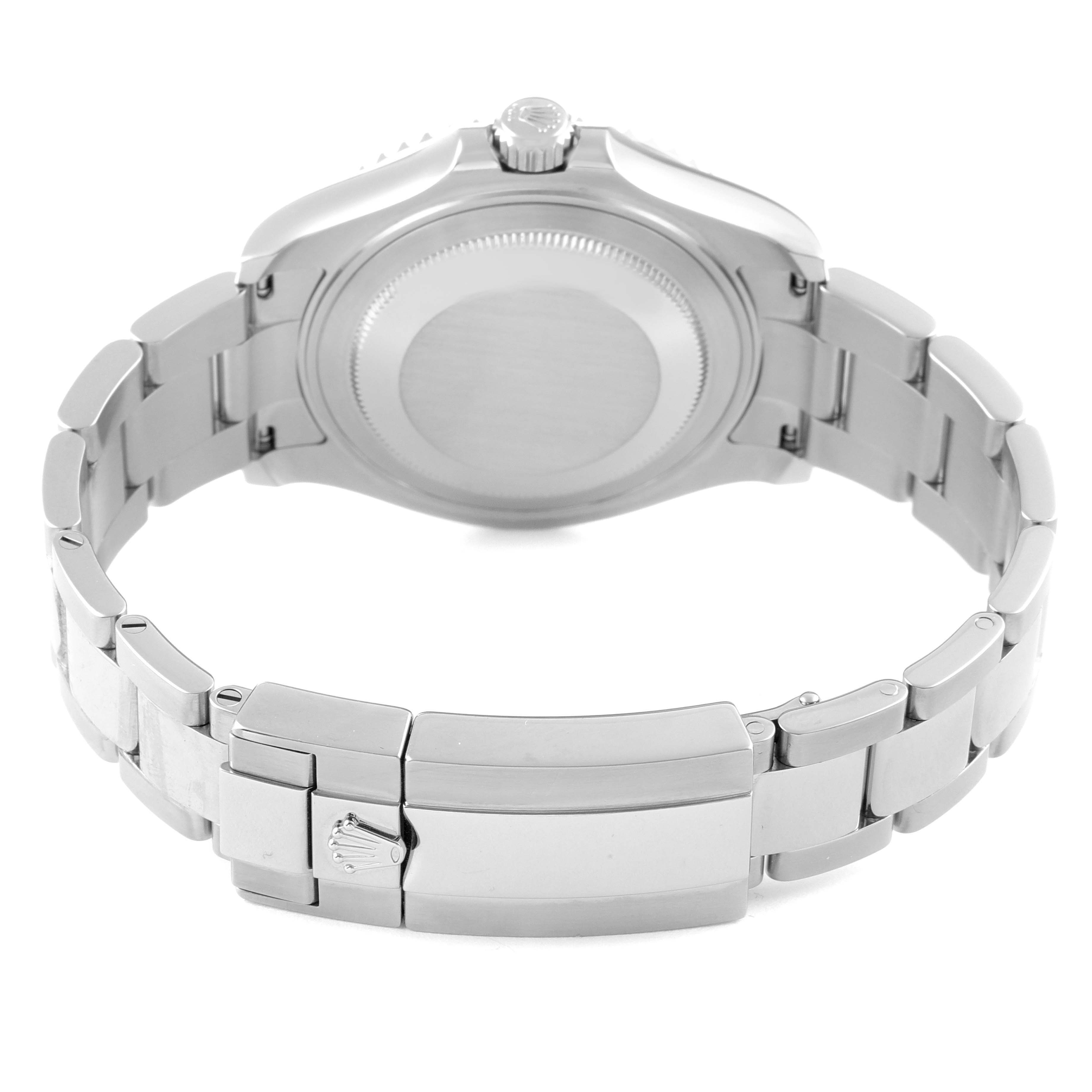 This image shows the back view of a Rolex Yacht-Master 268622 Men's Stainless Steel Grey Dial 268622 Men's Stainless Steel Grey Dial watch, highlighting its clasp, bracelet, and case back.