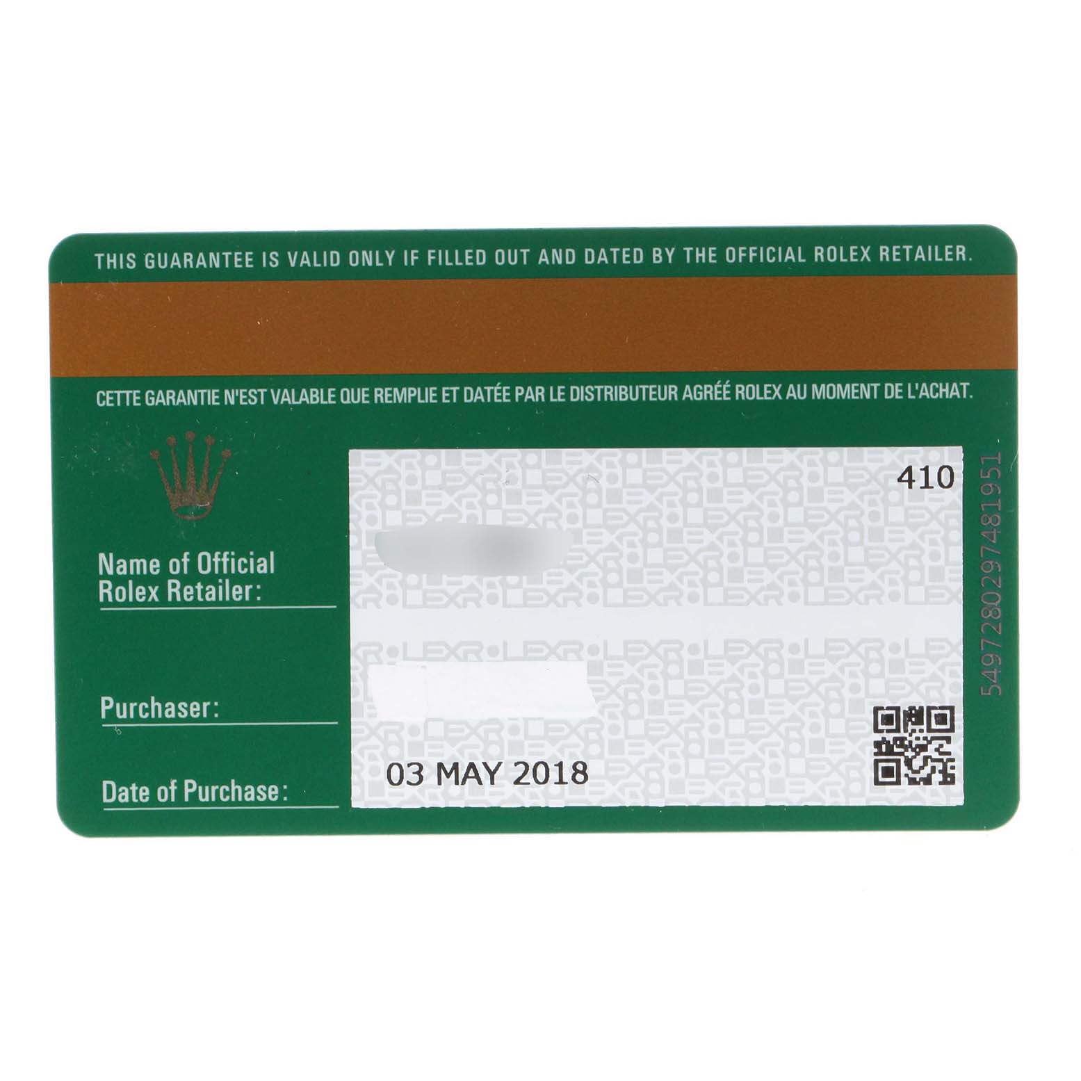 This is a straight-on view of the guarantee card for a Rolex Yacht-Master 268622 Men's Stainless Steel Grey Dial 268622 Men's Stainless Steel Grey Dial watch.