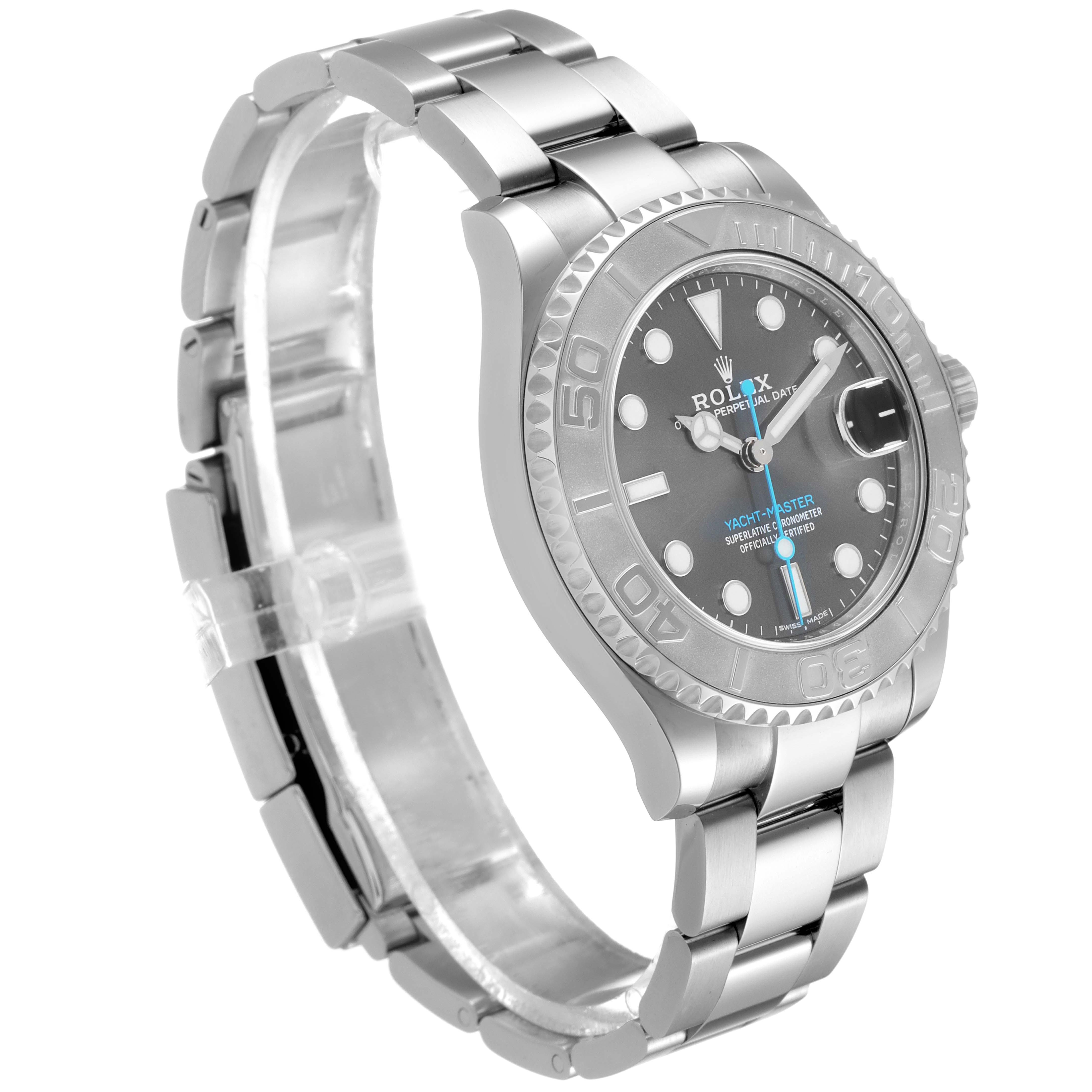 The image shows a side angle of the Rolex Yacht-Master 268622 Men's Stainless Steel Grey Dial 268622 Men's Stainless Steel Grey Dial watch, highlighting the bracelet, bezel, and dial.