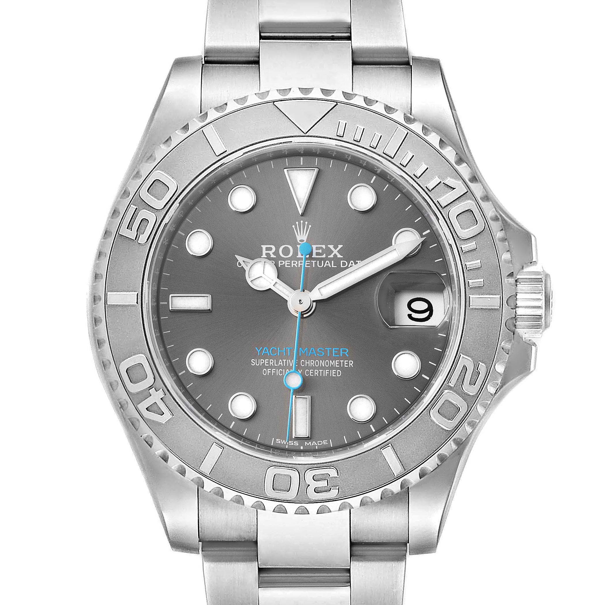 This image shows a front view of the Rolex Yacht-Master 268622 Men's Stainless Steel Grey Dial 268622 Men's Stainless Steel Grey Dial watch, highlighting its dial, bezel, and bracelet.