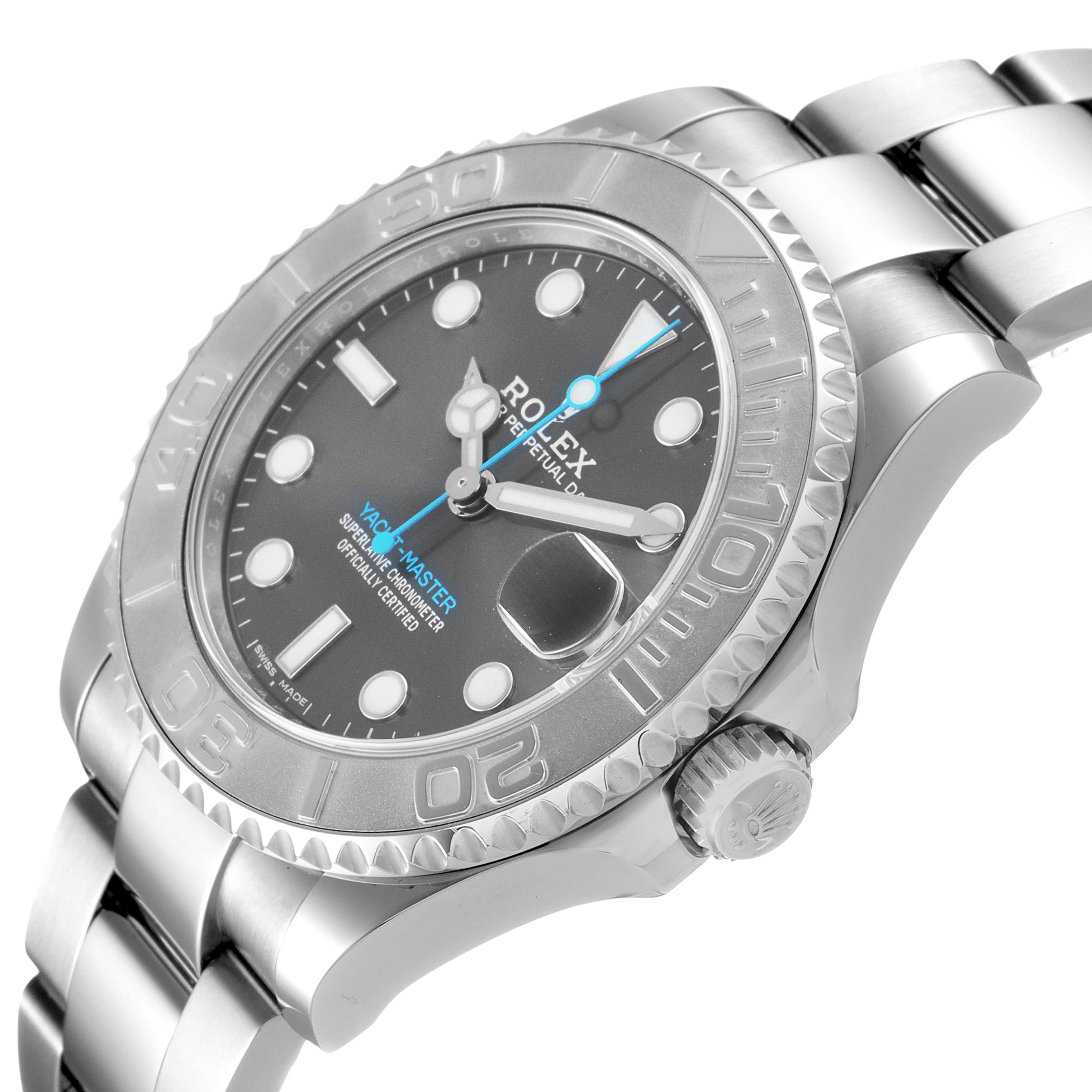 The image shows a Rolex Yacht-Master 268622 Men's Stainless Steel Grey Dial 268622 Men's Stainless Steel Grey Dial watch at an angle displaying its face, bezel, crown, and bracelet.