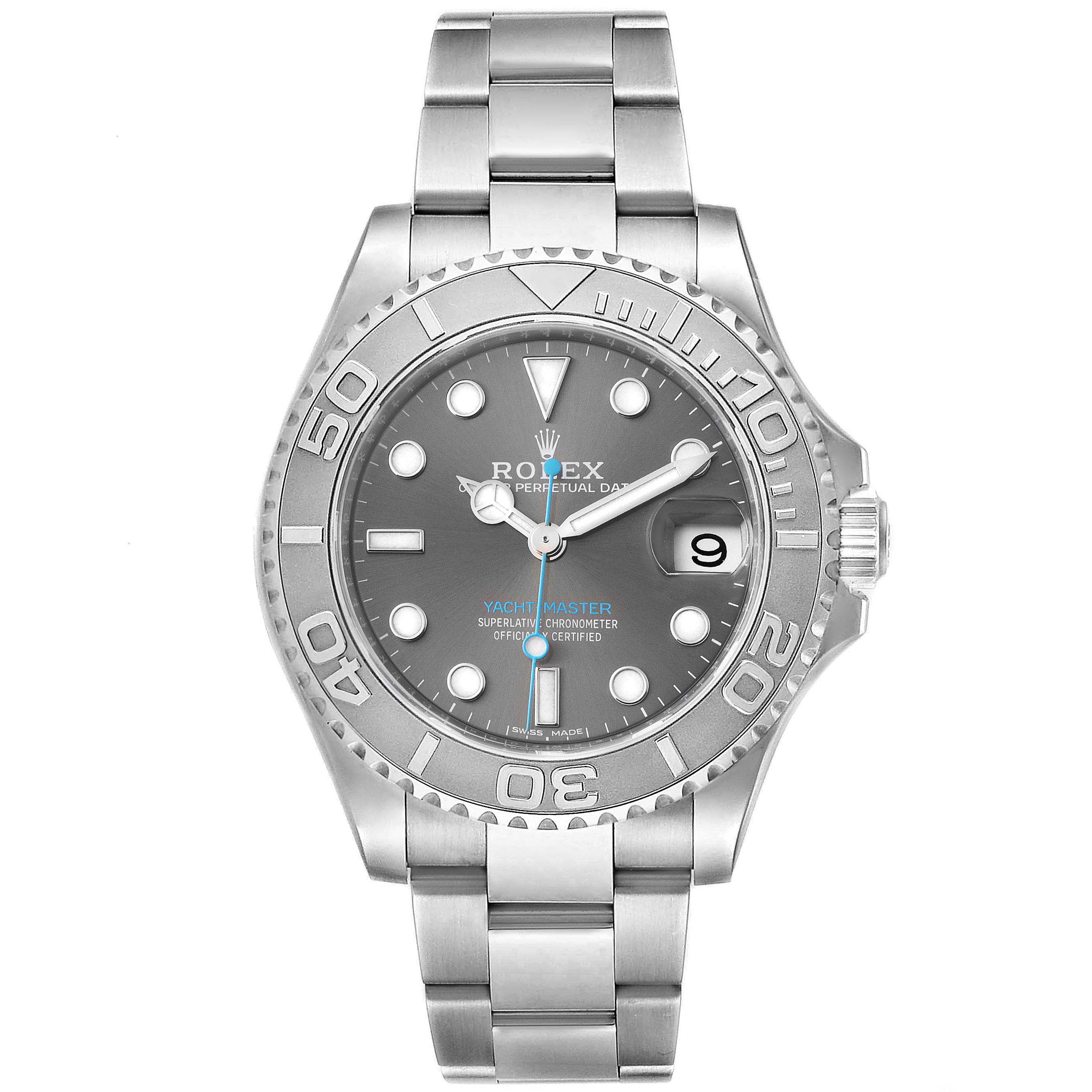 The image shows a Rolex Yacht-Master 268622 Men's Stainless Steel Grey Dial 268622 Men's Stainless Steel Grey Dial watch from a front view displaying the dial, bezel, and bracelet.
