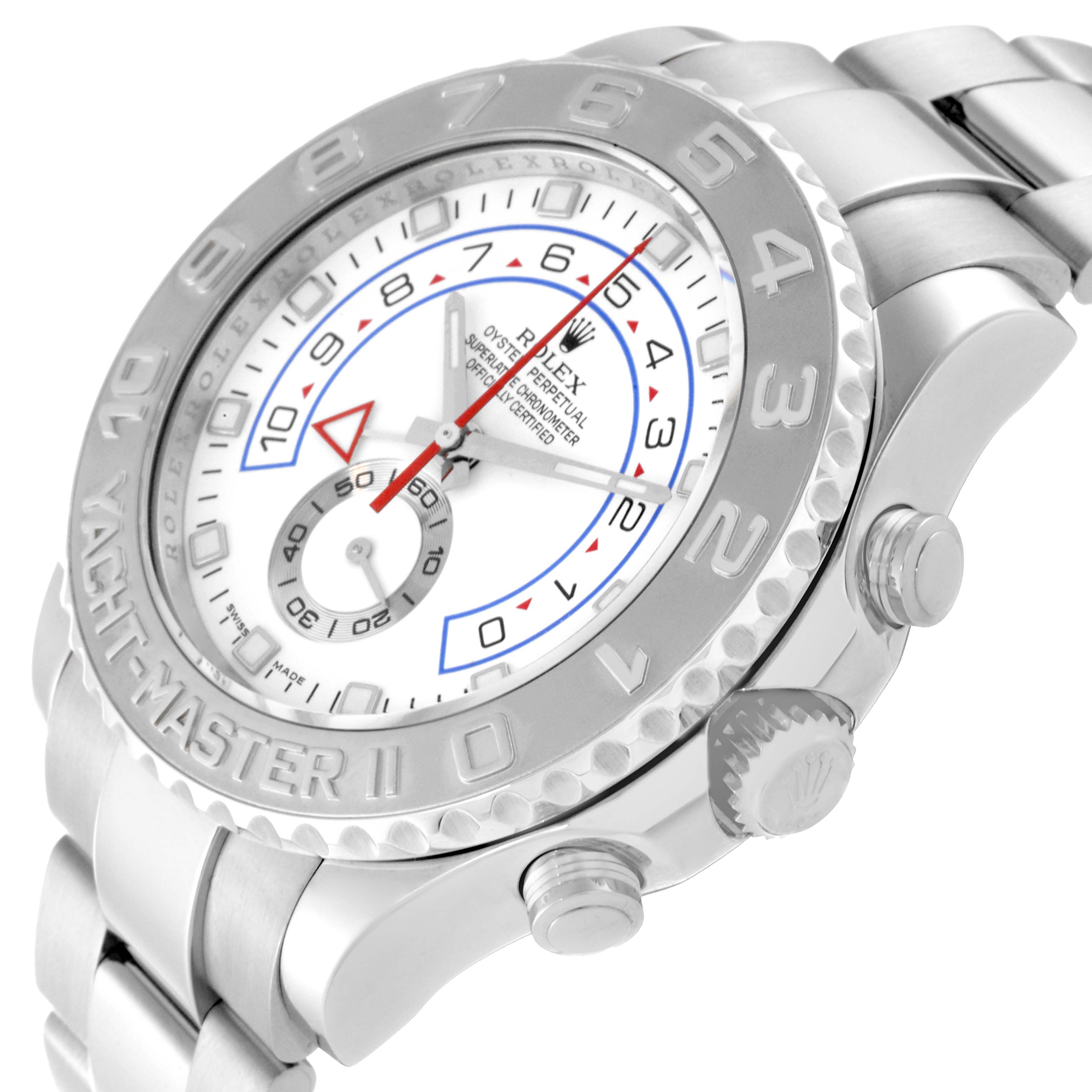 The Rolex Yacht-Master 116689 Men's White Gold White Dial 116689 Men's White Gold White Dial watch is shown from an angled close-up, highlighting the bezel, crown, and part of the bracelet.