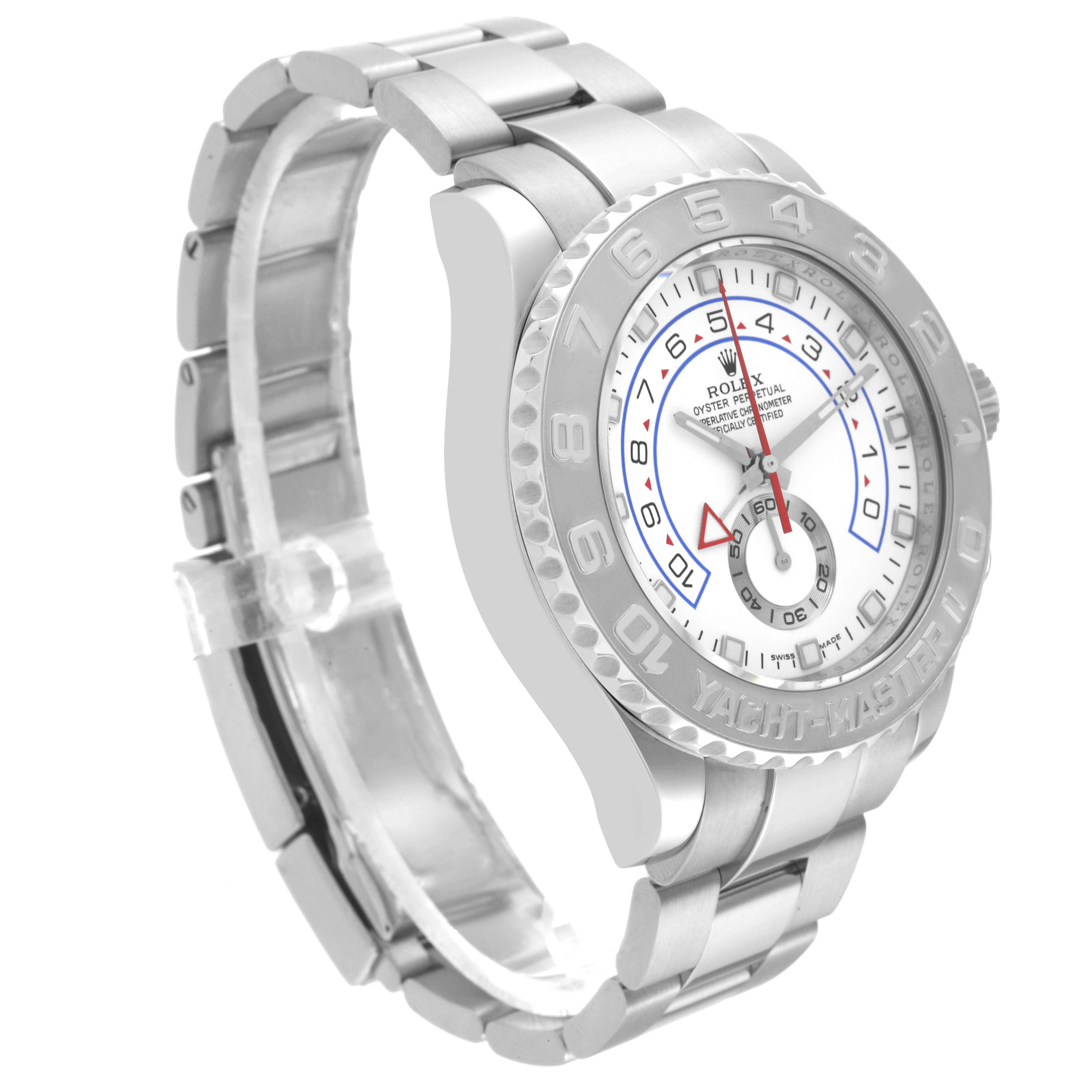 The Rolex Yacht-Master 116689 Men's White Gold White Dial 116689 Men's White Gold White Dial watch is shown at an angled view, displaying its face, bezel, case, and a portion of its metal bracelet.