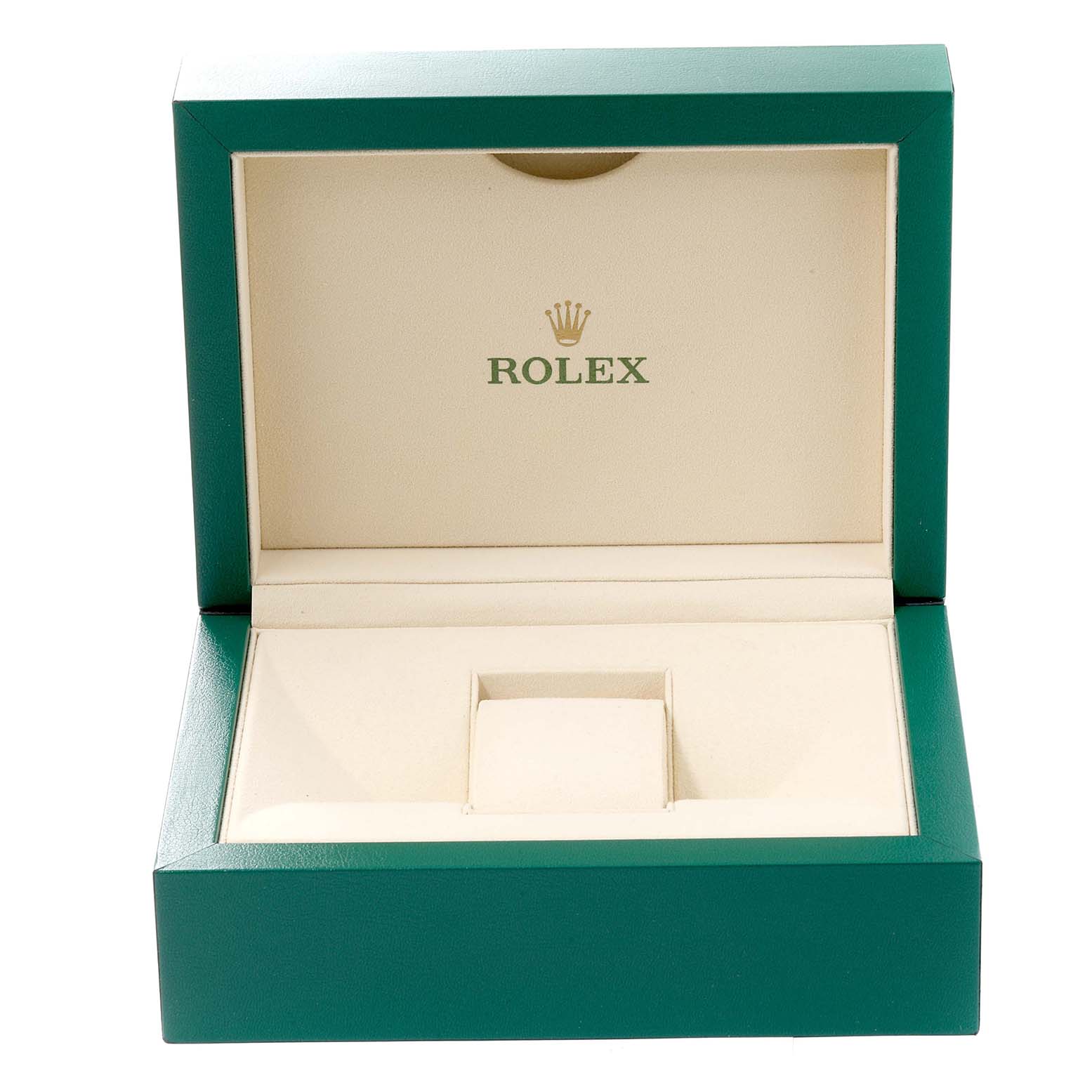 The image shows an open Rolex watch box for the Yacht-Master model, highlighting its green exterior and cushioned interior.