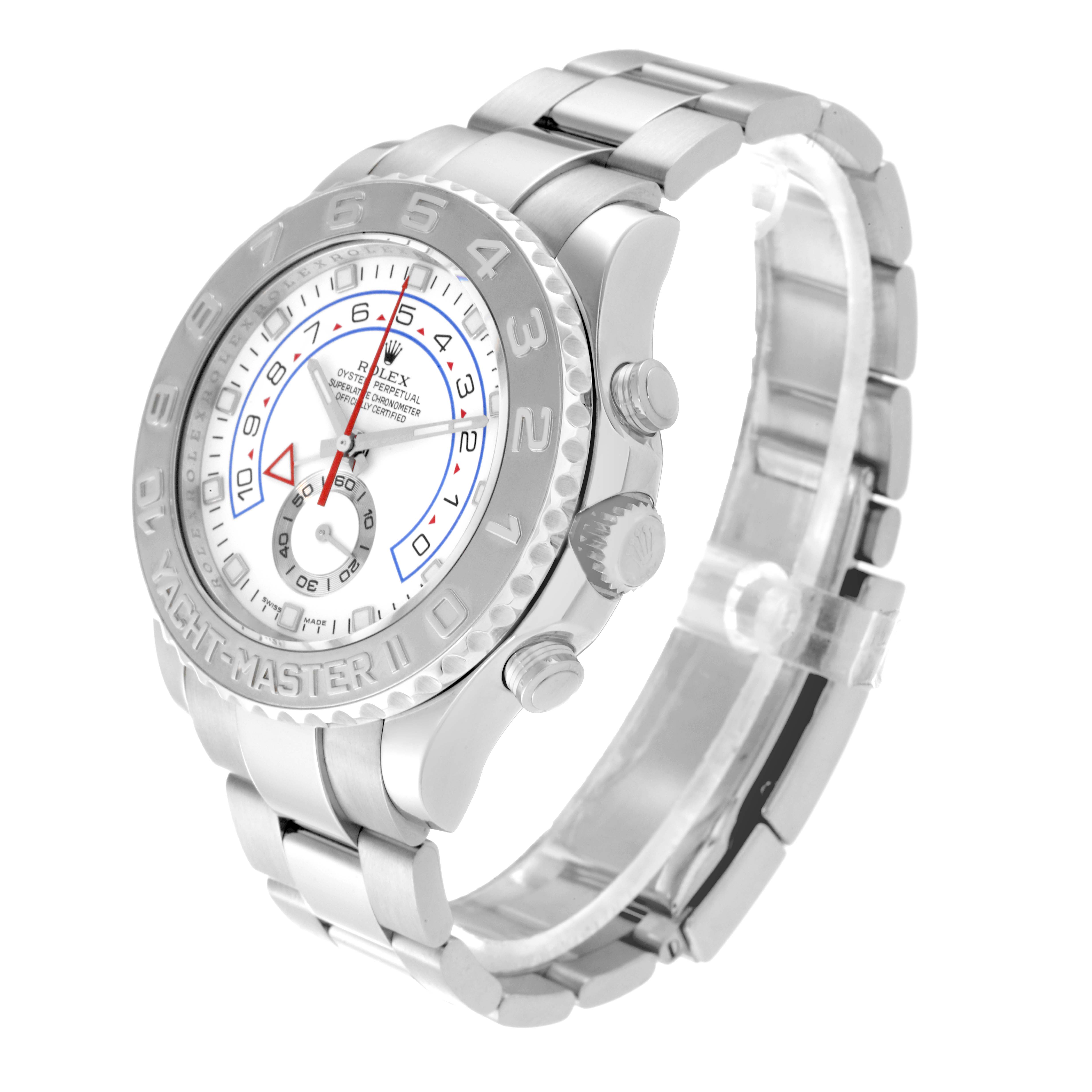 The Rolex Yacht-Master 116689 Men's White Gold White Dial 116689 Men's White Gold White Dial watch is shown at a slight angle, displaying its dial, bezel, crown, and bracelet.