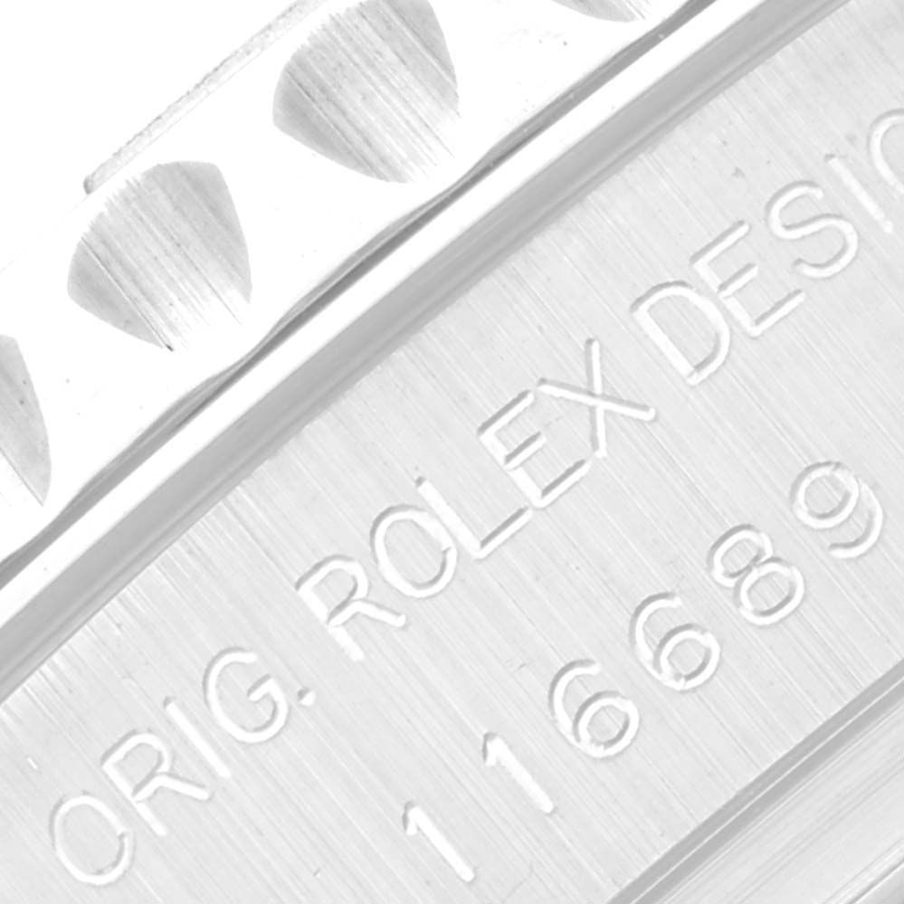 The image shows an angled close-up of the case side inscription for a Rolex Yacht-Master 116689 Men's White Gold White Dial 116689 Men's White Gold White Dial watch with the model number engraved.