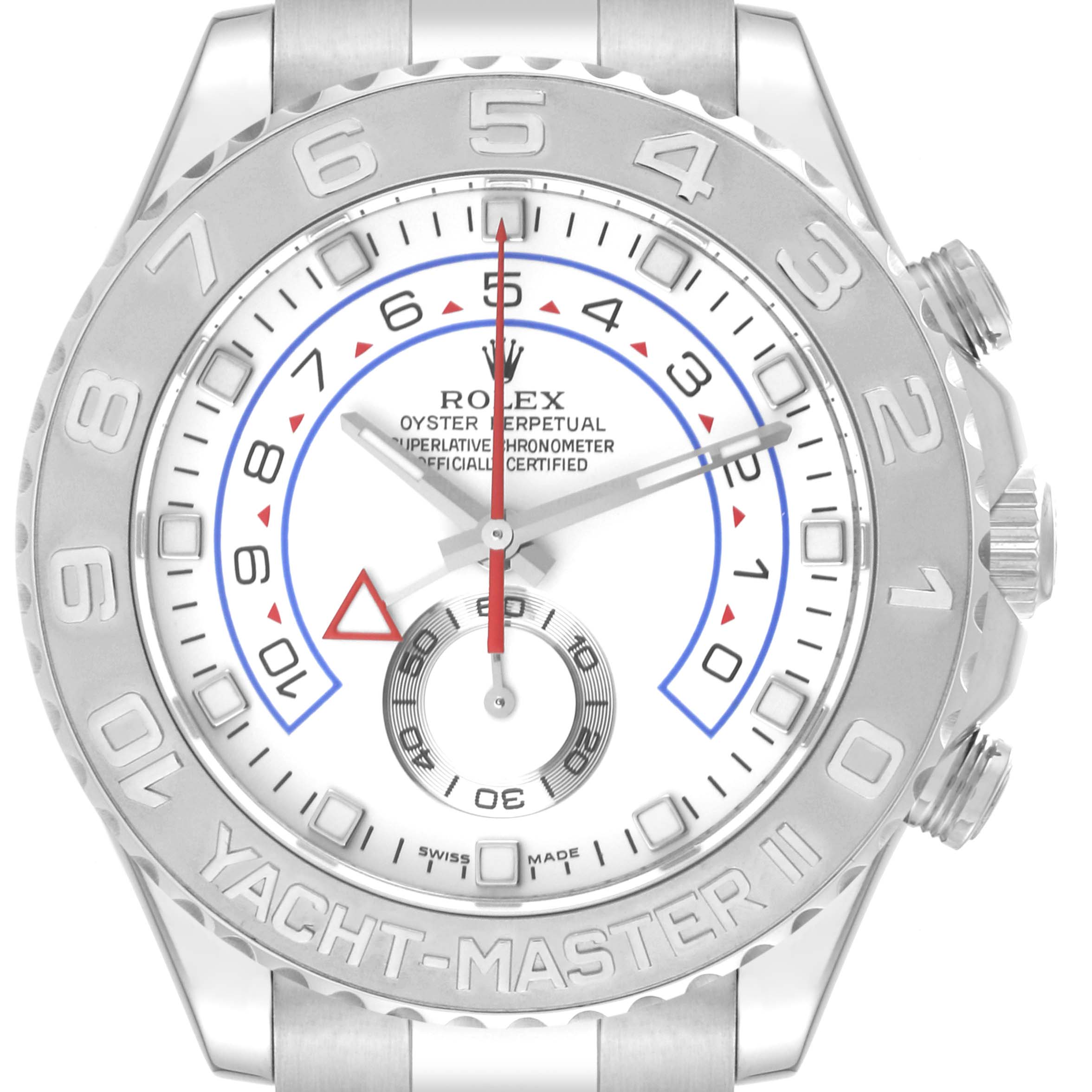 The image shows a front-facing view of a Rolex Yacht-Master 116689 Men's White Gold White Dial 116689 Men's White Gold White Dial watch, highlighting the dial, bezel, and parts of the bracelet.