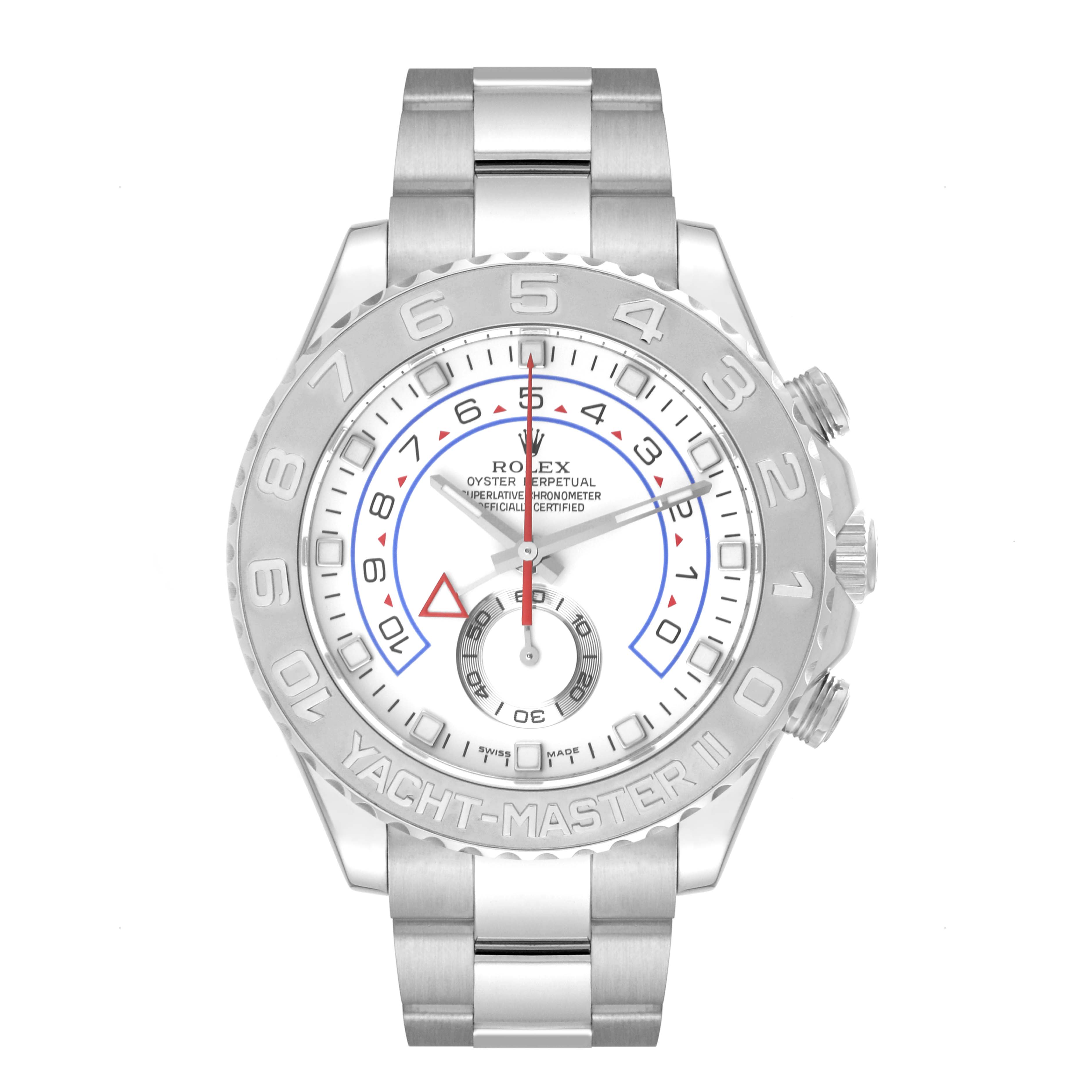 The image shows a front view of a Rolex Yacht-Master 116689 Men's White Gold White Dial 116689 Men's White Gold White Dial watch displaying the dial, bezel, and bracelet.
