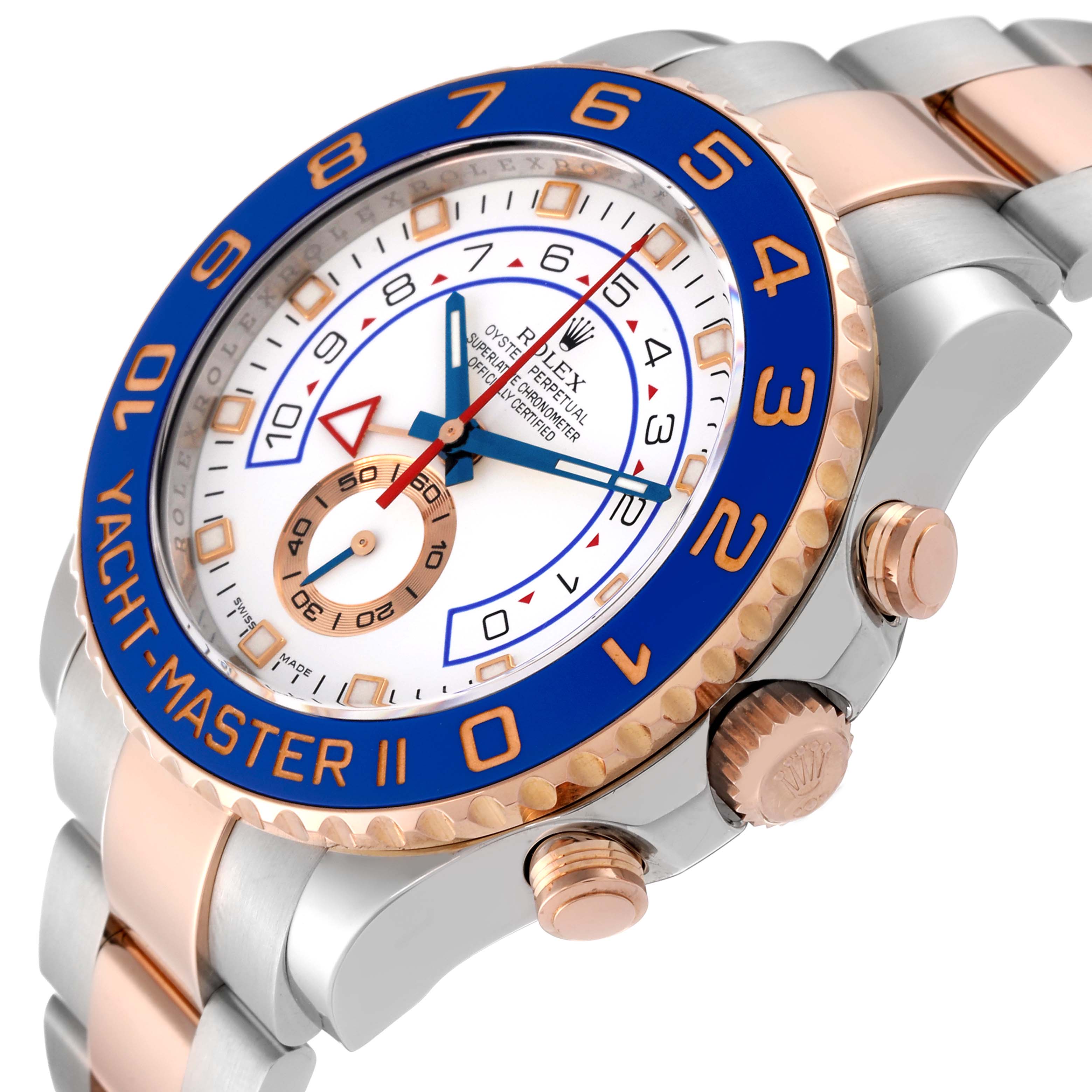 The image shows a close-up angle of the Rolex Yacht-Master 116681 Men's Steel and Gold (two tone) White Dial 116681 Men's Steel and Gold (two tone) White Dial II, highlighting its dial, bezel, and metal bracelet with rose gold accents.