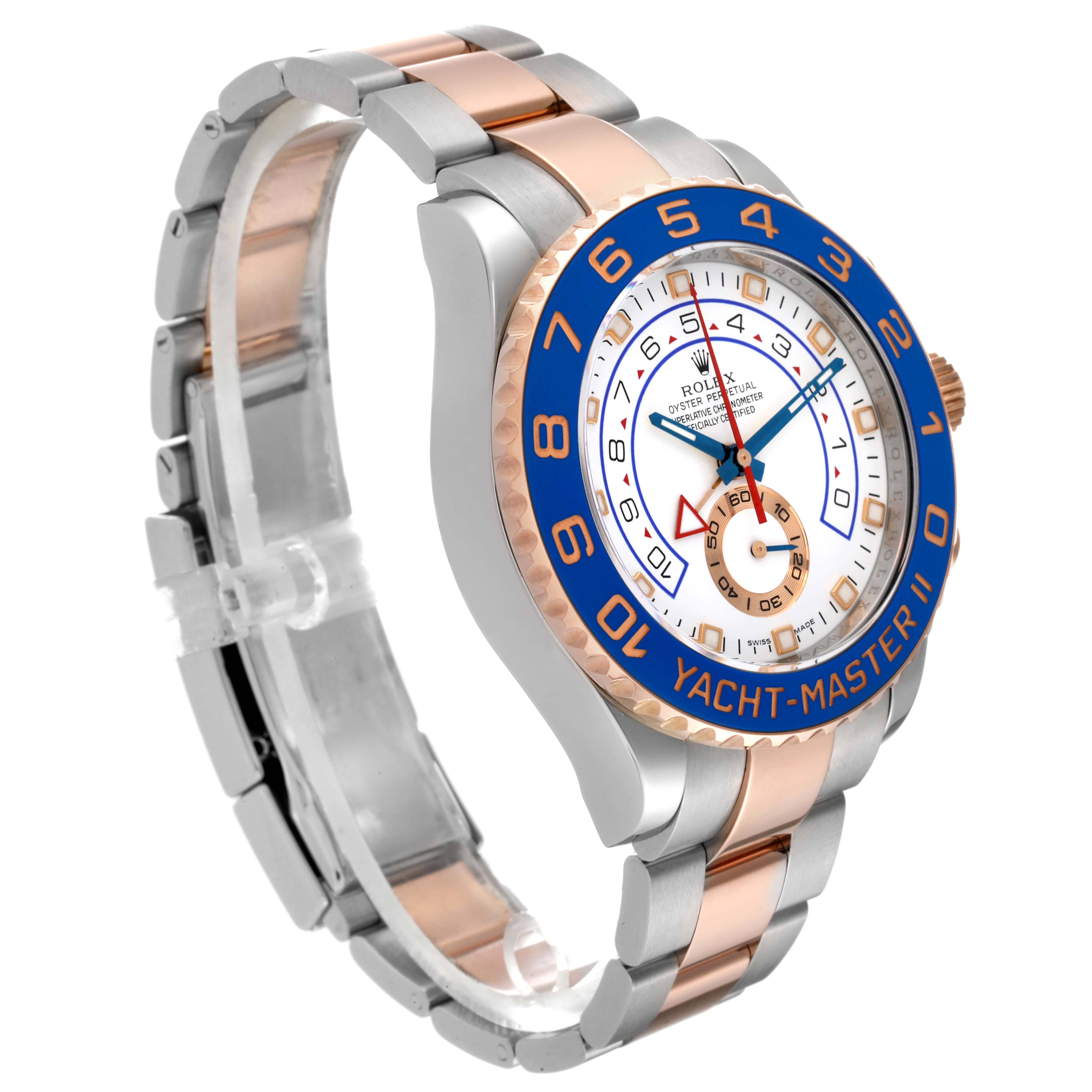 The image shows an angled view of a Rolex Yacht-Master 116681 Men's Steel and Gold (two tone) White Dial 116681 Men's Steel and Gold (two tone) White Dial II watch, highlighting its face, hands, bezel, and bracelet.