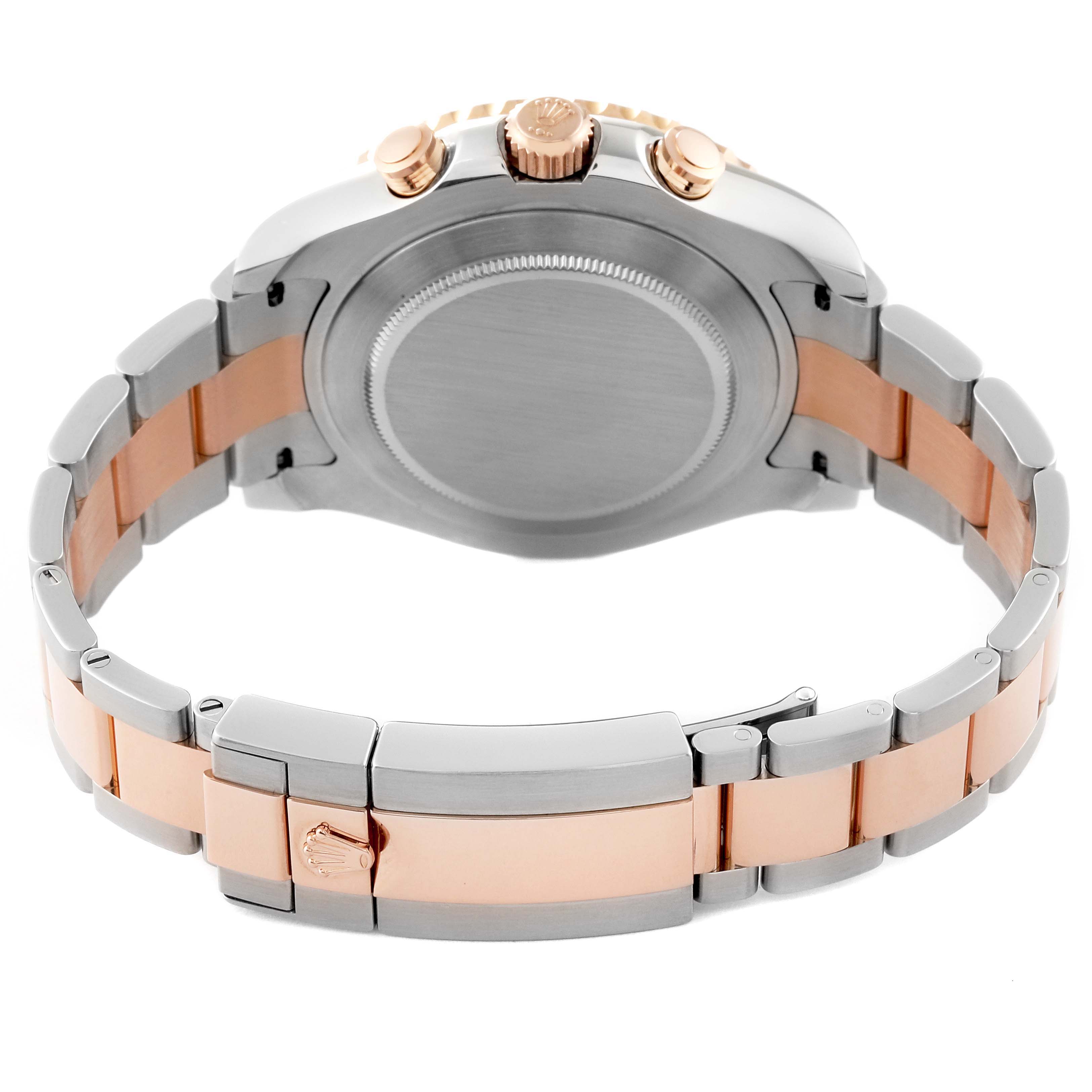 This image shows the back view of a Rolex Yacht-Master 116681 Men's Steel and Gold (two tone) White Dial 116681 Men's Steel and Gold (two tone) White Dial watch, highlighting the case back, crown, and two-tone bracelet.