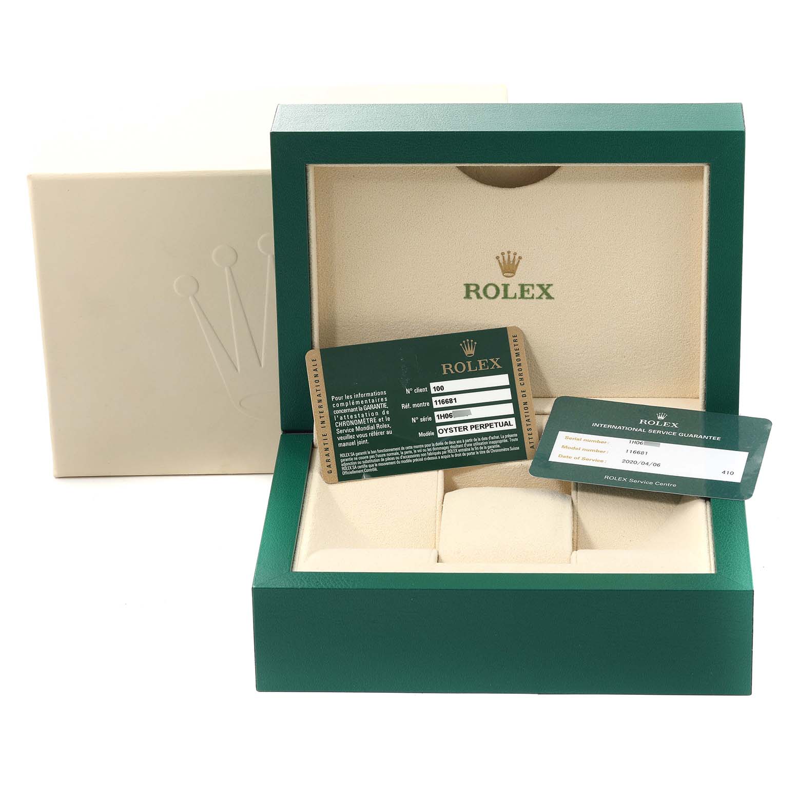 This image shows the open box and warranty cards for a Rolex Yacht-Master 116681 Men's Steel and Gold (two tone) White Dial 116681 Men's Steel and Gold (two tone) White Dial watch.