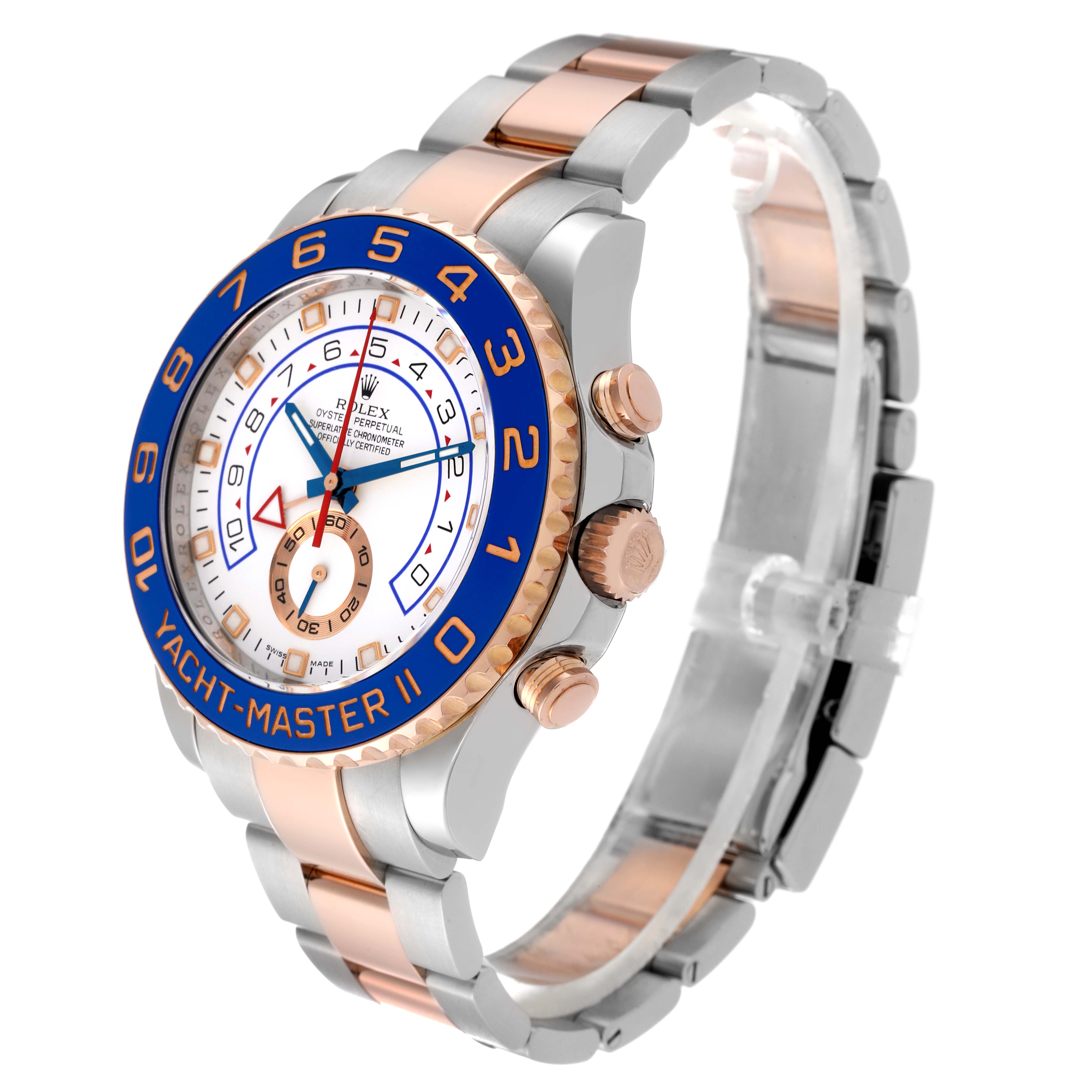 The Rolex Yacht-Master 116681 Men's Steel and Gold (two tone) White Dial 116681 Men's Steel and Gold (two tone) White Dial II watch is shown at a three-quarter angle, displaying the face, bezel, crown, and part of the bracelet.
