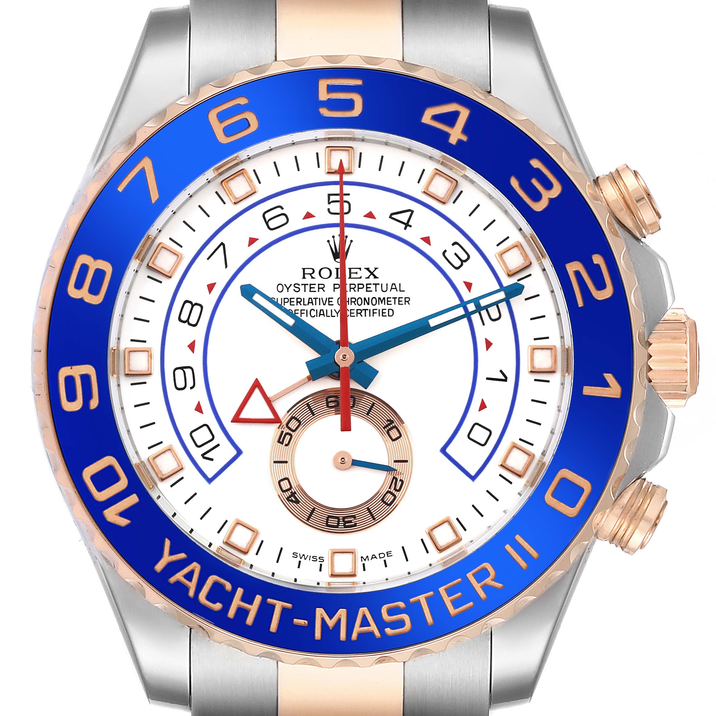 The image shows a frontal view of the Rolex Yacht-Master 116681 Men's Steel and Gold (two tone) White Dial 116681 Men's Steel and Gold (two tone) White Dial II watch, displaying its dial, hands, and bezel.
