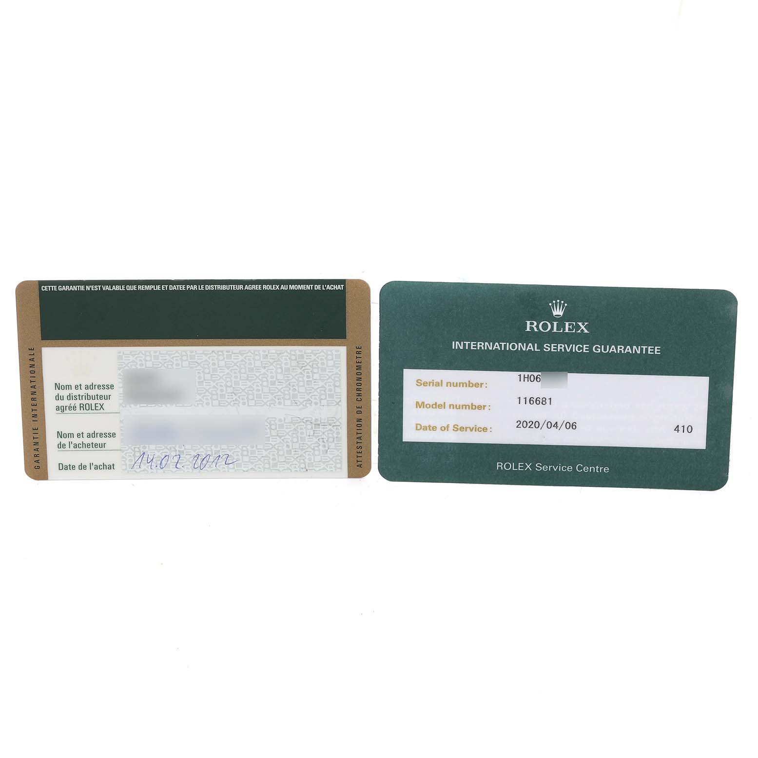 This image shows the warranty and international service guarantee cards for a Rolex Yacht-Master 116681 Men's Steel and Gold (two tone) White Dial 116681 Men's Steel and Gold (two tone) White Dial watch model 116681.