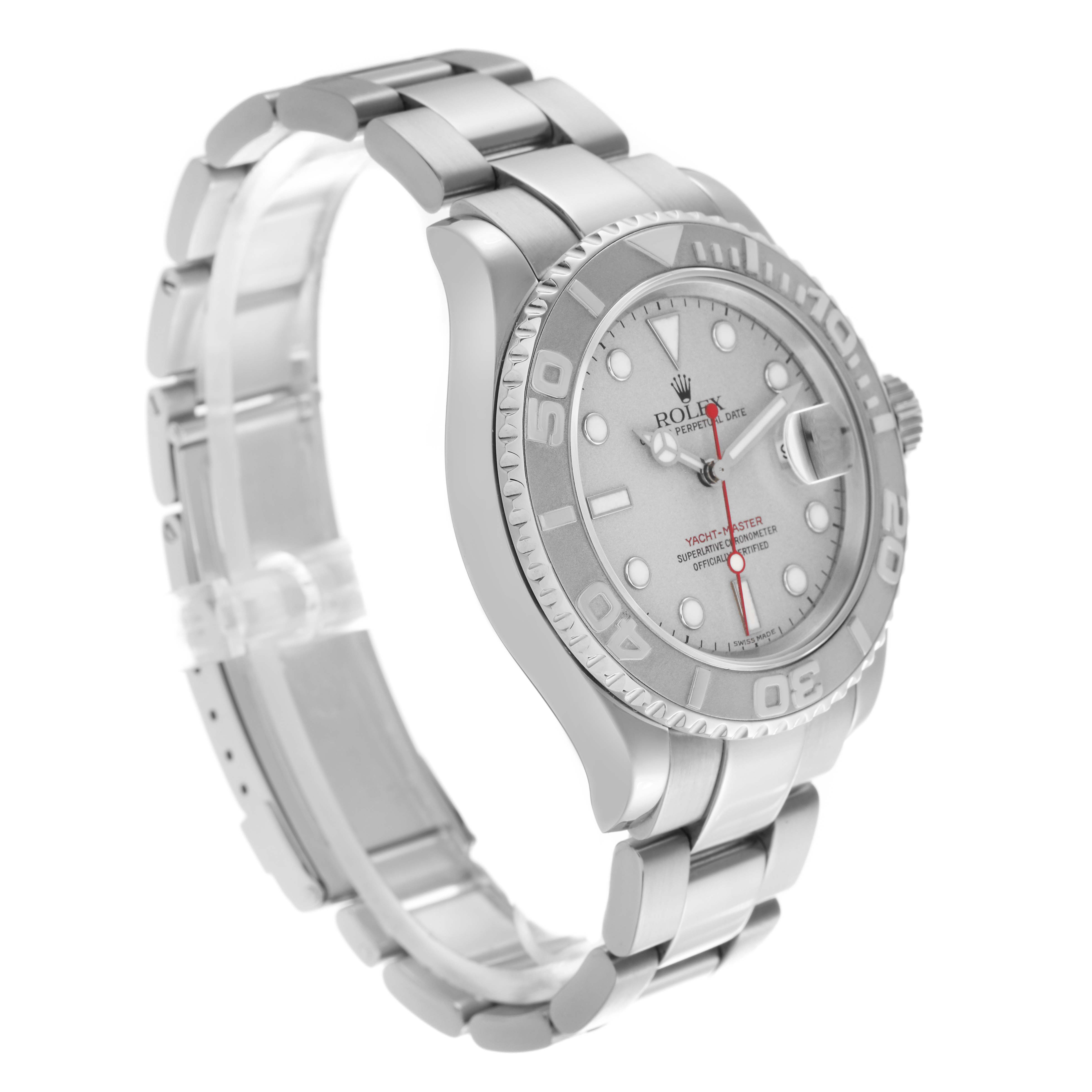 The Rolex Yacht-Master 16622 Men's Stainless Steel Silver Dial 16622 Men's Stainless Steel Silver Dial is shown at a three-quarter angle, displaying the bezel, dial, and bracelet.