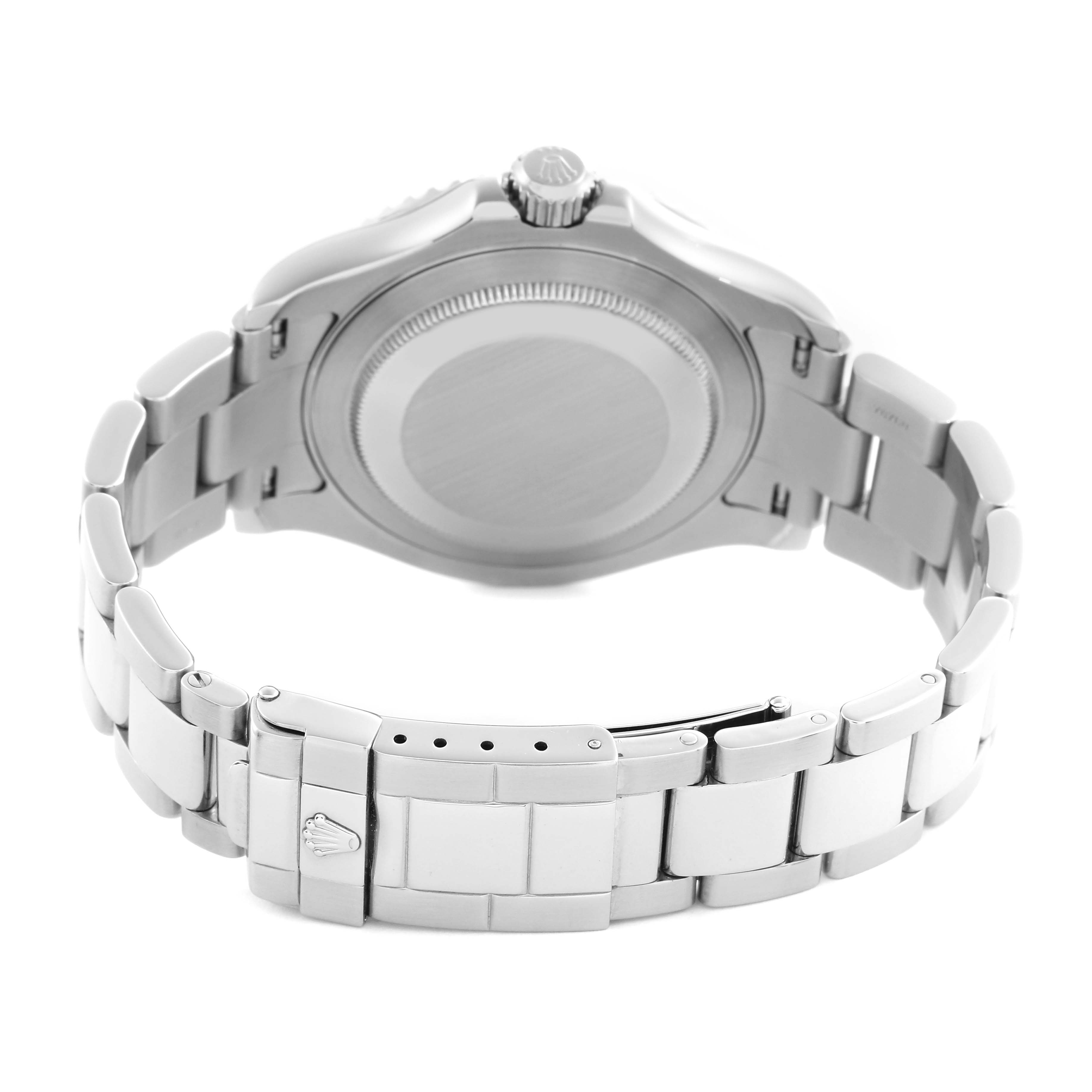 The image shows the back view of a Rolex Yacht-Master 16622 Men's Stainless Steel Silver Dial 16622 Men's Stainless Steel Silver Dial, highlighting the case back and bracelet with the clasp.